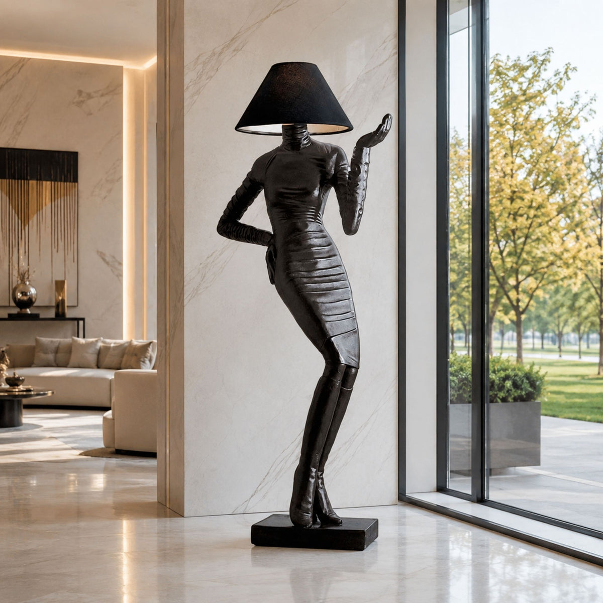 Contemporary Abstract Female Figure Bronze Sculpture, 210cm, black lamp-headed figure with raised arm, shown in a living room beside a beige sofa and glass doors.