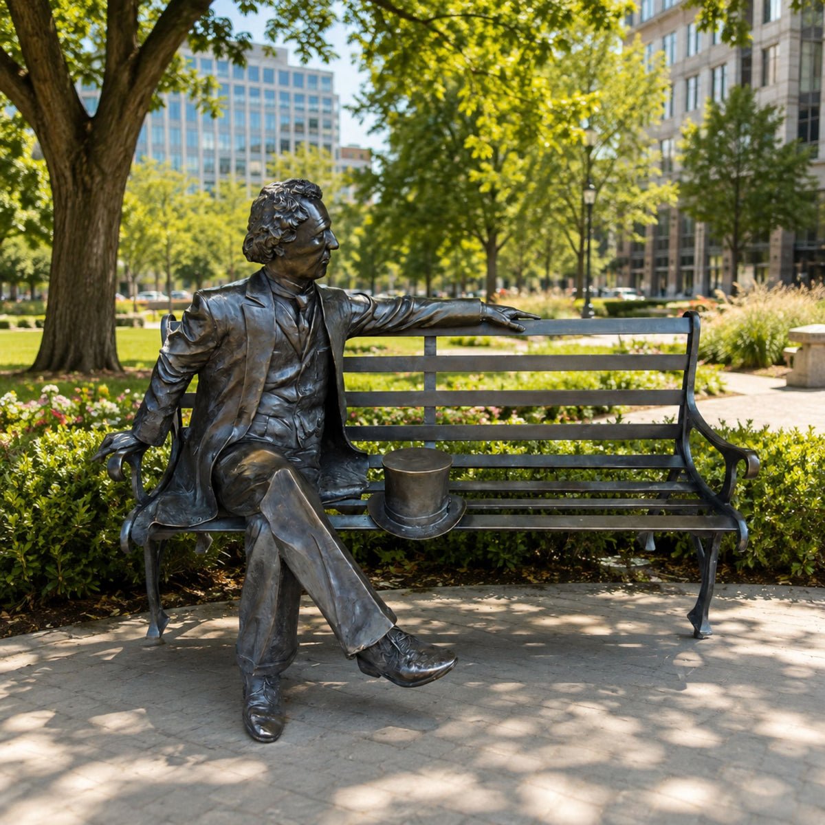Life-Size Traditional Seated Gentleman Bronze Sculpture, 150cm, cast bronze figure with crossed legs and extended arm on a park bench outdoors.