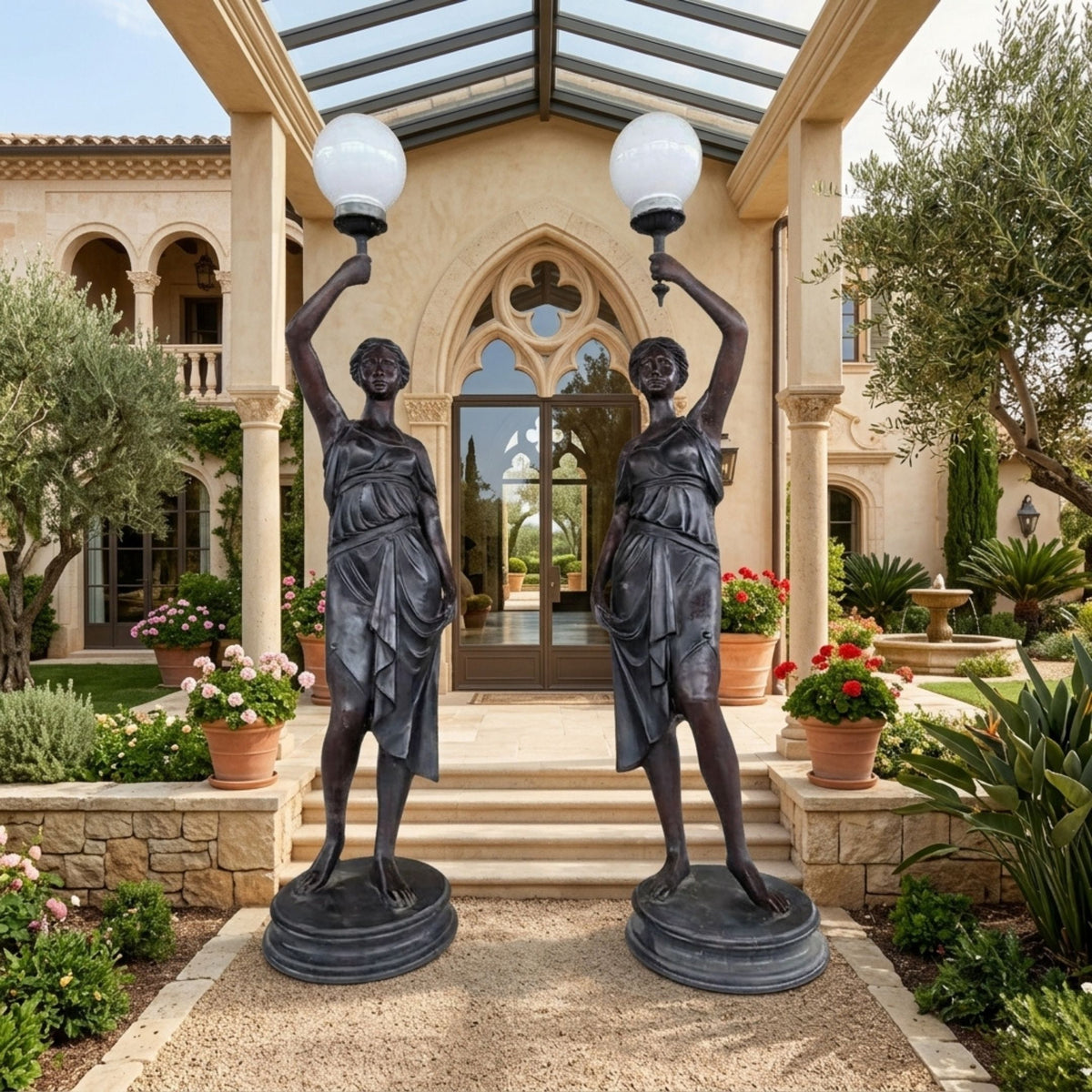 Pair of Life-Size Classical Draped Female Figure Lamp Bronze Sculptures, 220cm, each raising a globe lamp, flanking a Mediterranean-style villa entrance.