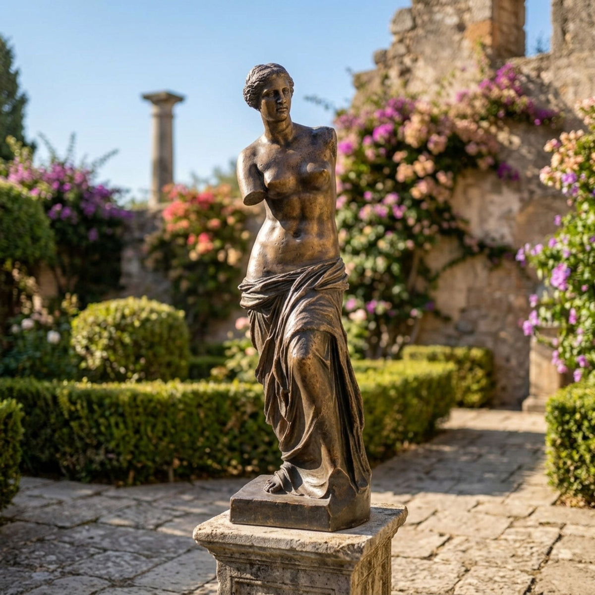 Life-Size Classical Armless Goddess Bronze Statue, 150cm, on a stepped plinth in a garden courtyard with columns, hedges, and flowering vines.