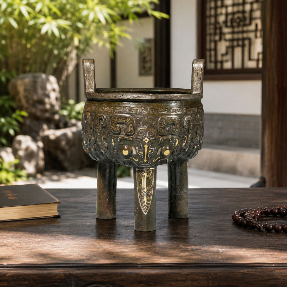 Traditional Chinese Ding Vessel Bronze Sculpture, 30cm, cast bronze tripod with taotie reliefs and gold inlay, shown on a wooden table in a courtyard setting.