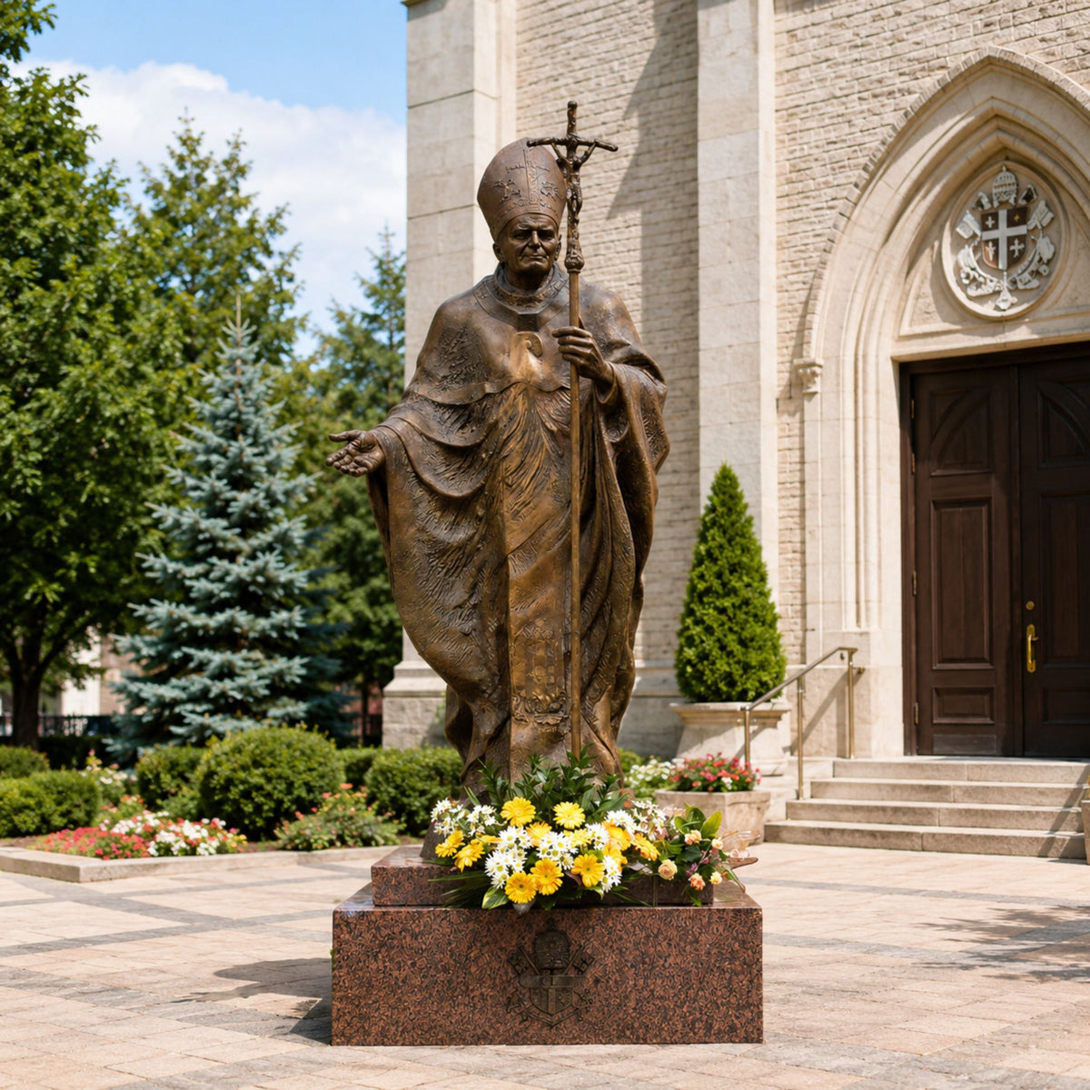 Monumental Classical Papal Figure Bronze Statue, 250cm, depicting a robed pope with mitre and cross-topped staff, one hand raised in blessing, on a granite base outside a church entrance.