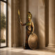 Monumental Classical Armoured Goddess Bronze Statue 250cm by Giant Sculptures, holding a gold-tipped spear and round shield in a pale stone hall.