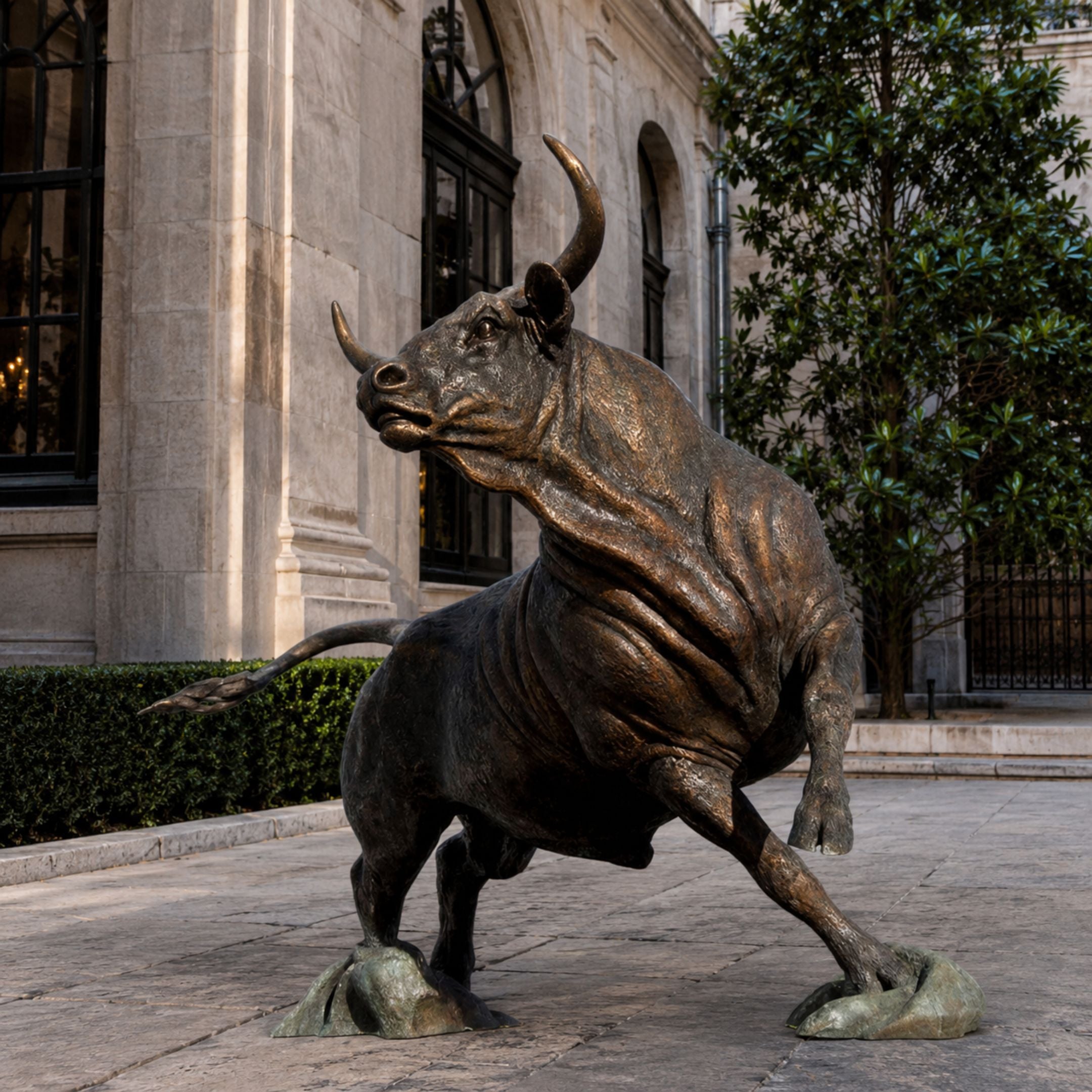 Monumental Charging Bull Bronze Sculpture by Giant Sculptures shown mid-charge with raised horns and warm brown patina, displayed outside a stone building.