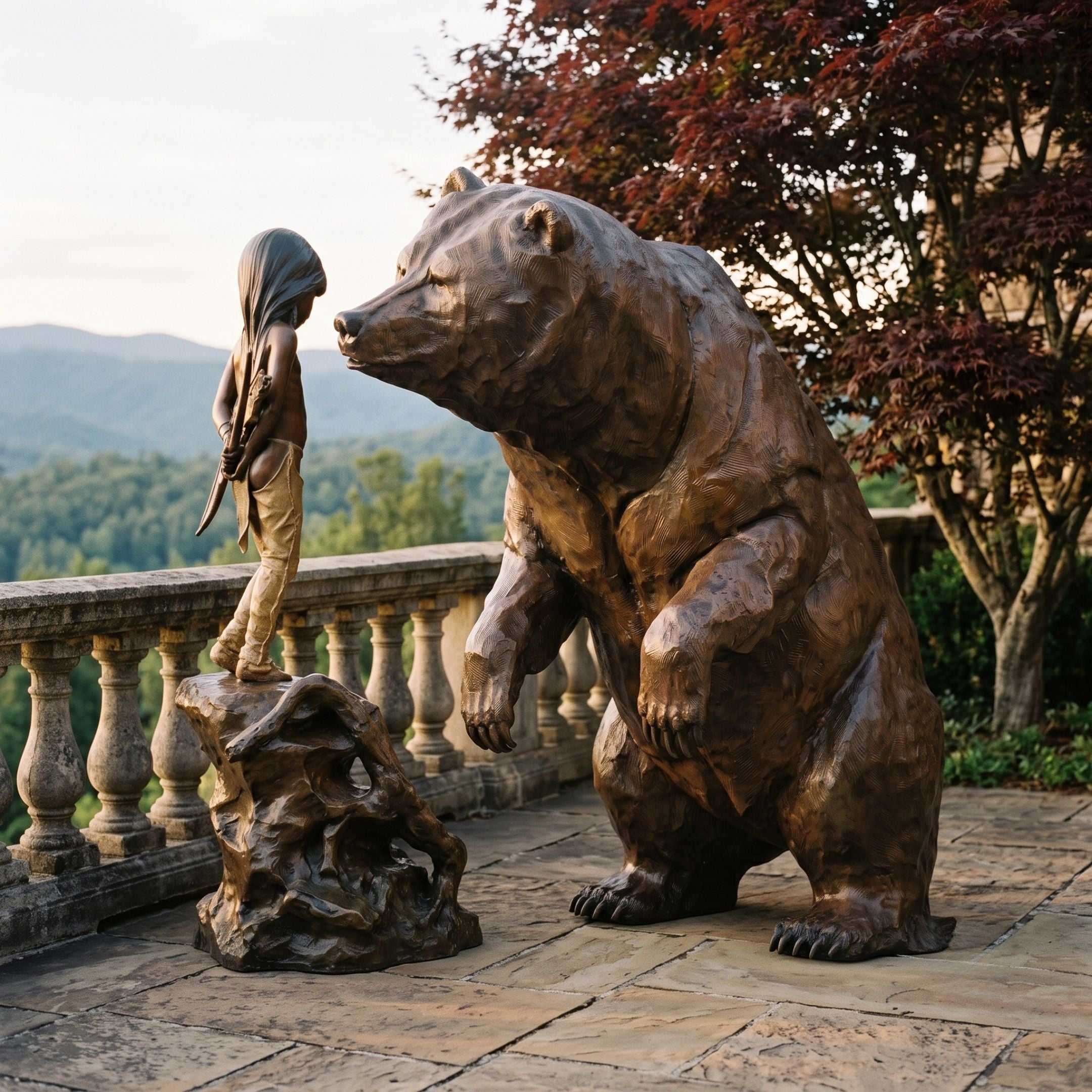 Life-Size Contemporary Rearing Bear and Girl Bronze Sculpture by Giant Sculptures on a stone terrace balustrade with mountain views and a Japanese maple.