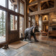 Life-Size Traditional Walking Bear Bronze Sculpture by Giant Sculptures with a salmon in its jaws, displayed in a rustic timber and stone entrance hall.