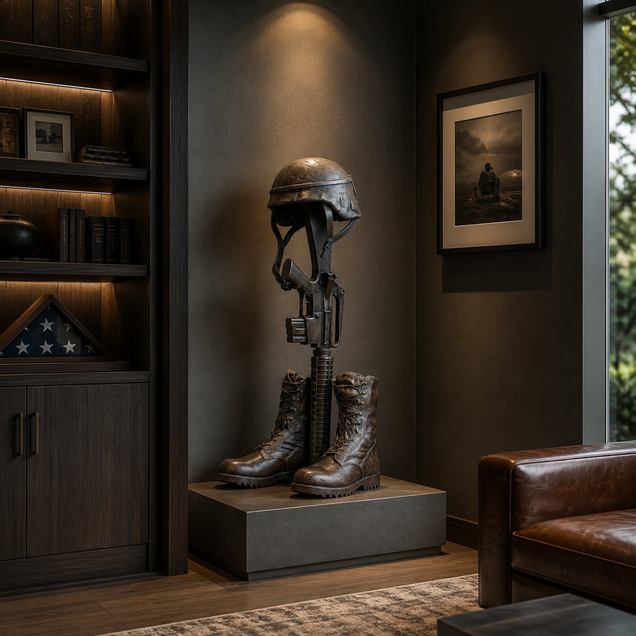 Traditional Battle Cross Memorial Bronze Sculpture by Giant Sculptures displayed on a grey plinth in a study beside a folded flag case and framed artwork.