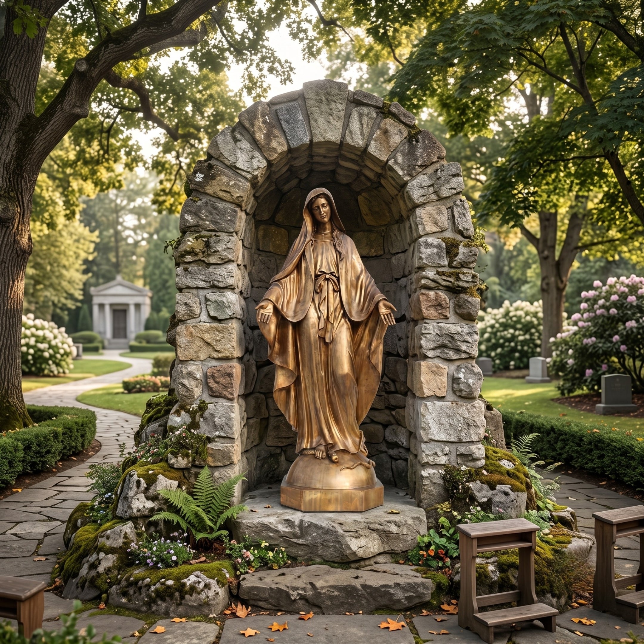 Life-Size Classical Virgin Mary Bronze Statue by Giant Sculptures in blessing pose within a stone archway grotto, set in a garden path with benches.