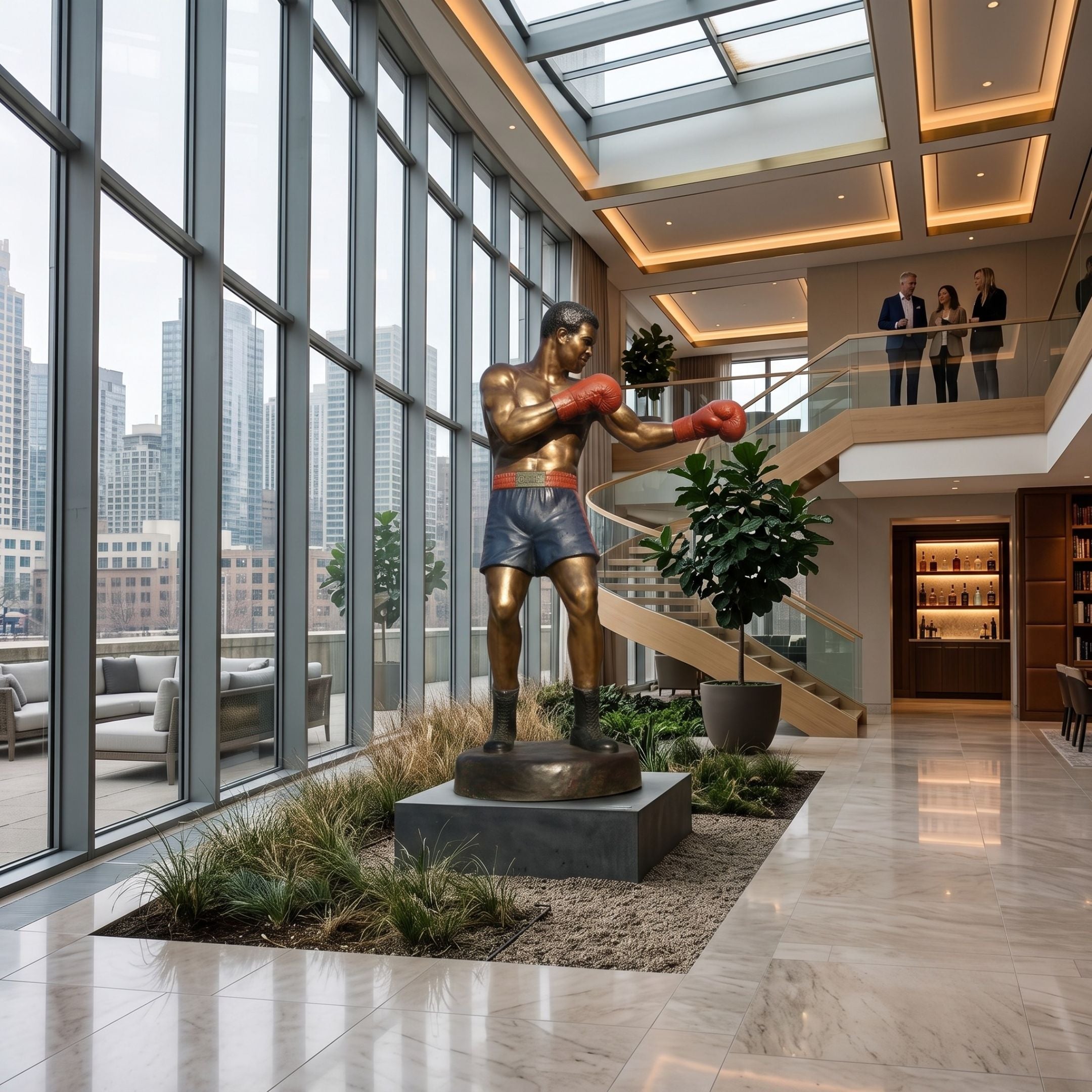 Life-Size Contemporary Male Boxer Bronze Sculpture by Giant Sculptures with red gloves and blue shorts, displayed in a sunlit atrium lobby beside a spiral staircase.