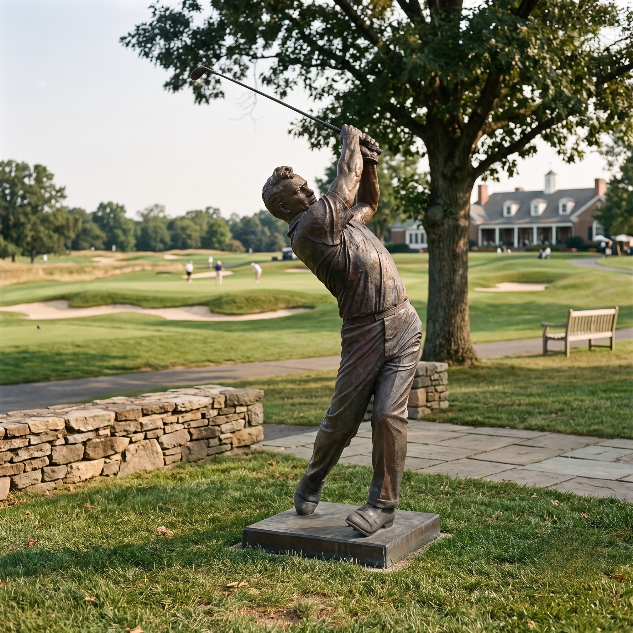 Giant Sculptures Contemporary Life-Size Male Golfer Bronze Sculpture 230cm in follow-through pose on a low plinth beside a stone wall on a golf course.