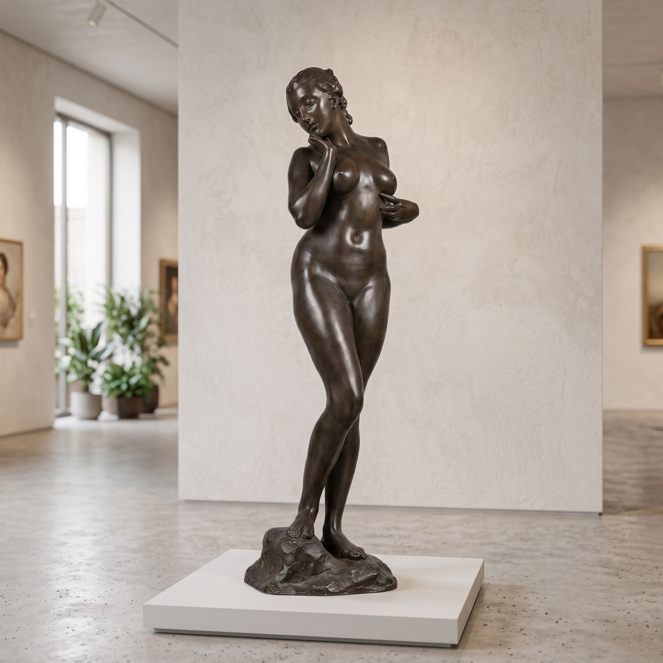 Large Classical Standing Nude Female Figure Bronze Sculpture by Giant Sculptures with dark patina, displayed on a low white plinth in a gallery interior.