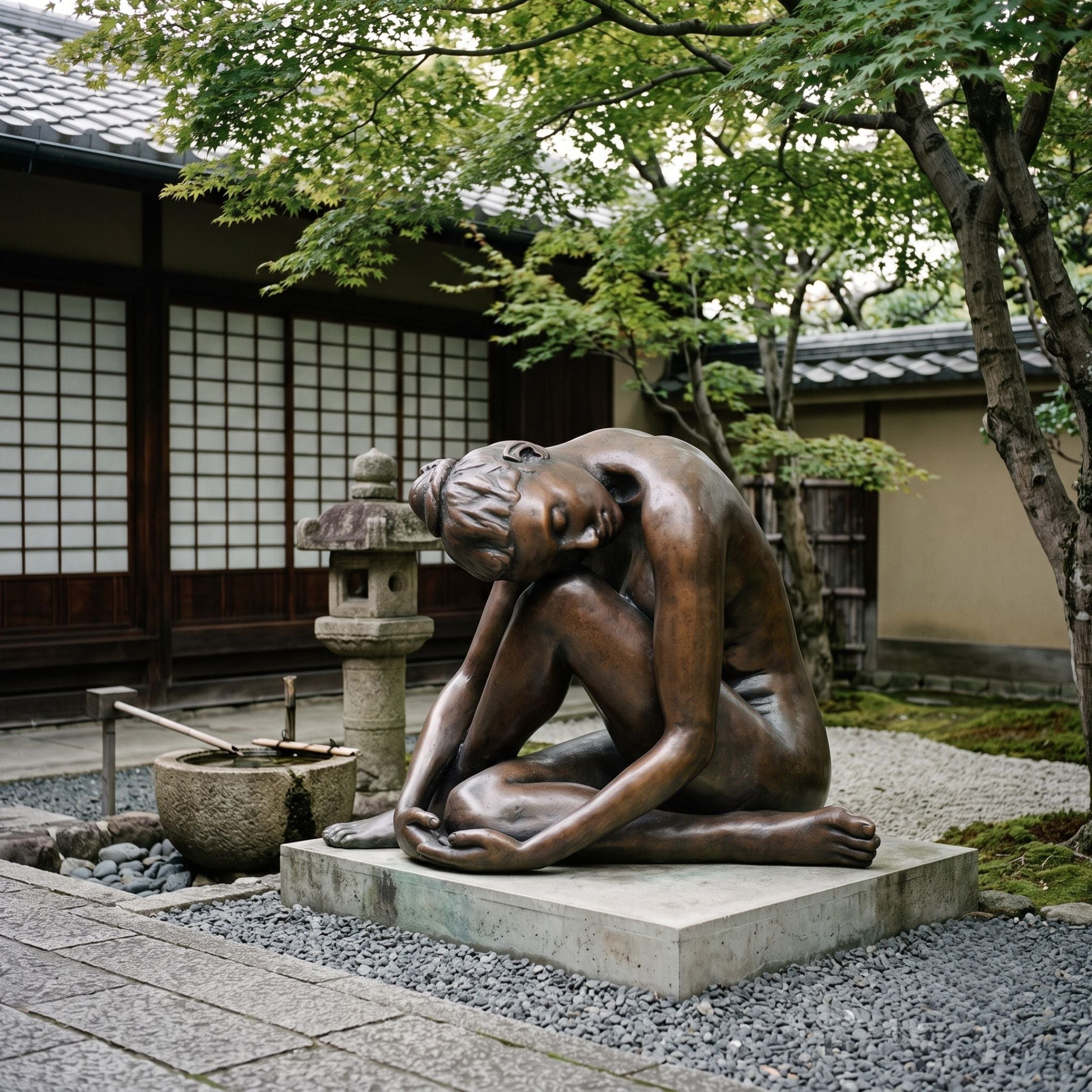Giant Sculptures Contemporary Seated Nude Female Figure Bronze Sculpture 140cm in folded pose with warm reddish-brown patina, displayed in a Japanese garden.