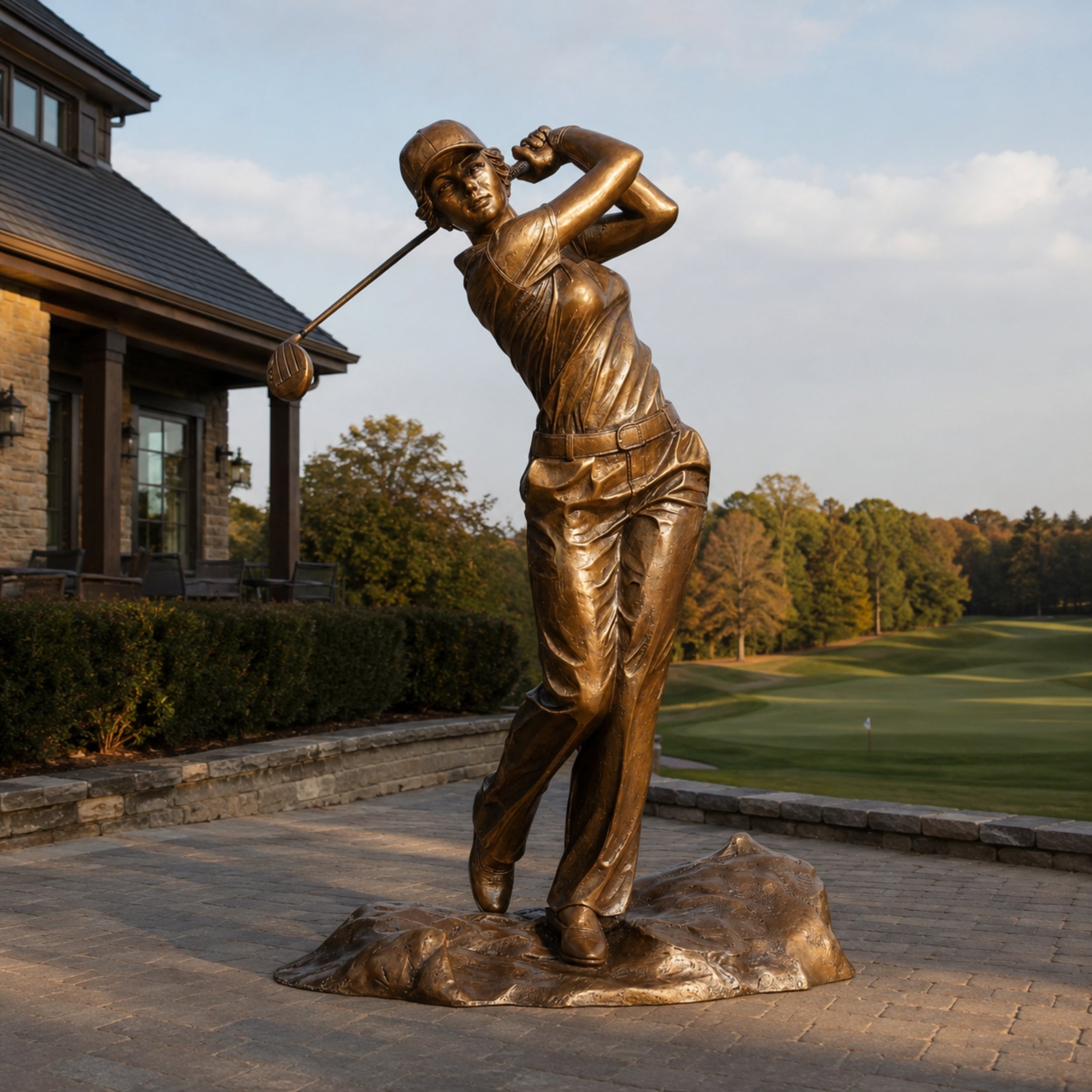 Life-Size Contemporary Female Golfer Bronze Sculpture by Giant Sculptures shown at full follow-through swing on a paved terrace beside a clubhouse and golf course.