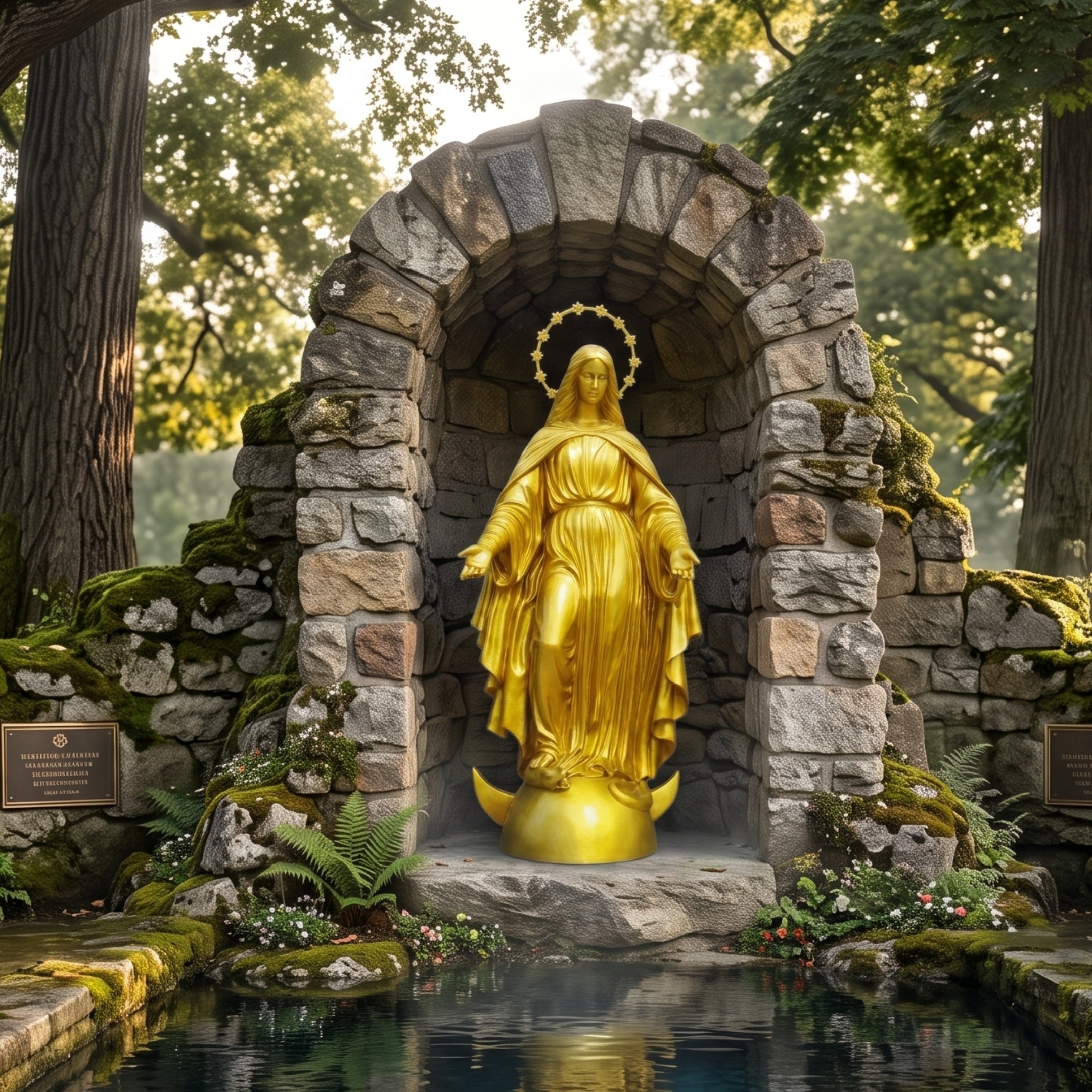 Life-Size Classical Virgin Mary Standing on Crescent Moon Bronze Statue by Giant Sculptures in gold finish, set within a mossy stone arch beside a pond.
