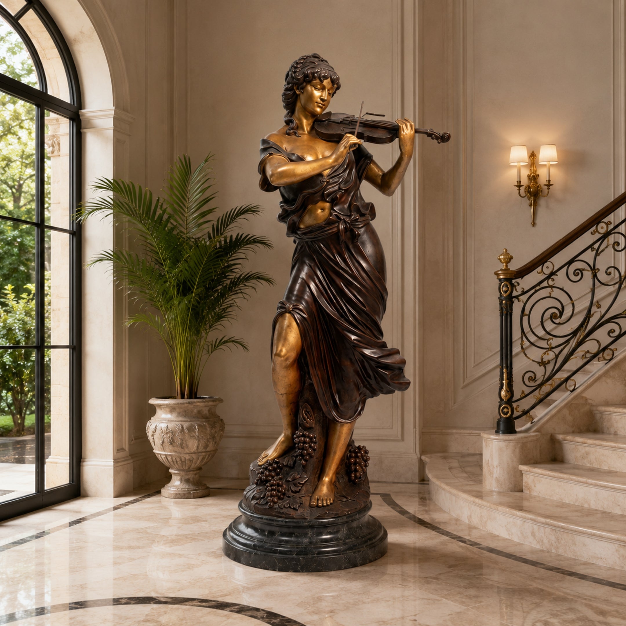 Life-Size Classical Violinist Bronze Sculpture by Giant Sculptures displayed in a marble foyer beside an arched window, palm plant, and ornate staircase.