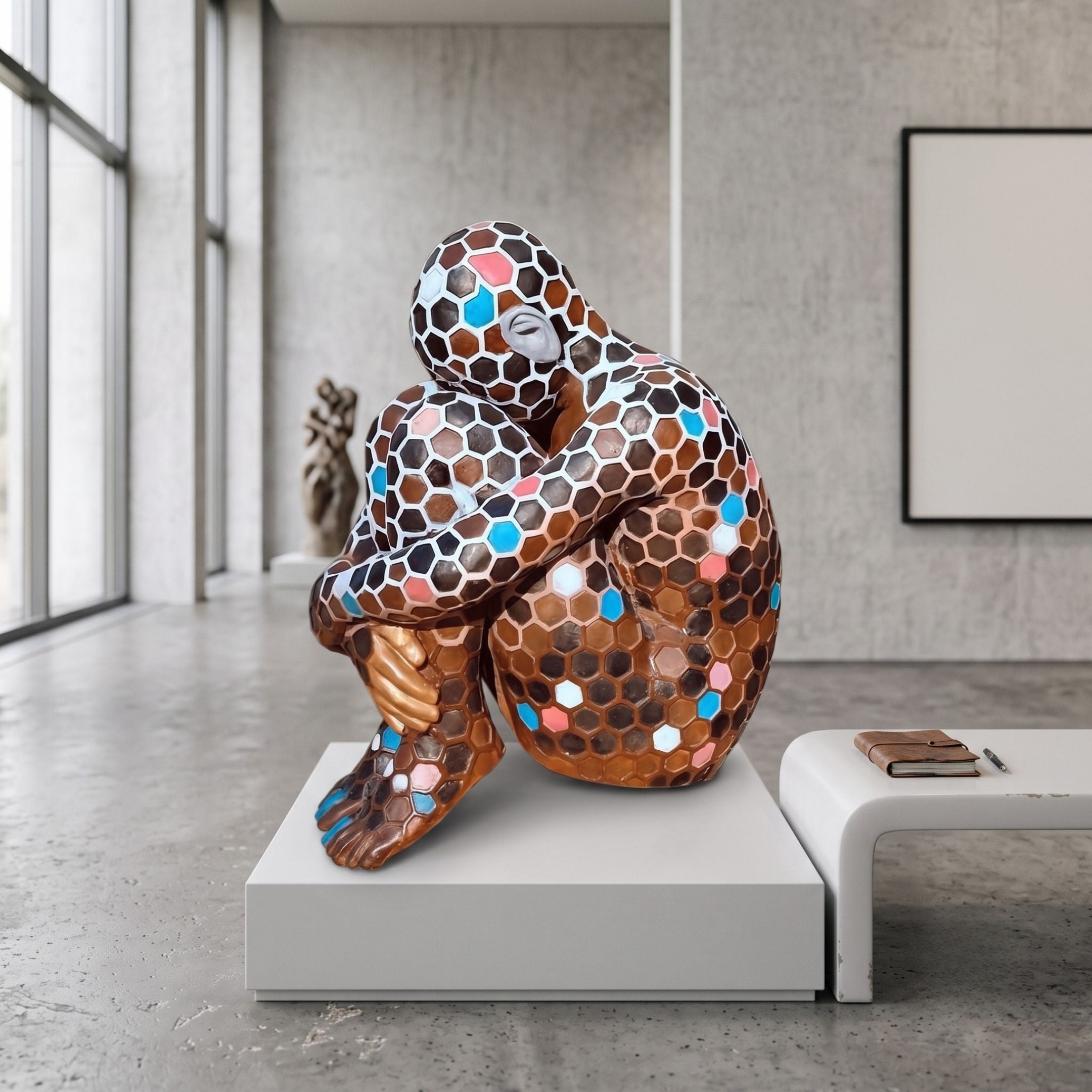 Contemporary Mosaic Figure Bronze Sculpture by Giant Sculptures, seated figure with hexagonal cells in bronze, black, white, coral, and turquoise, on a white plinth.
