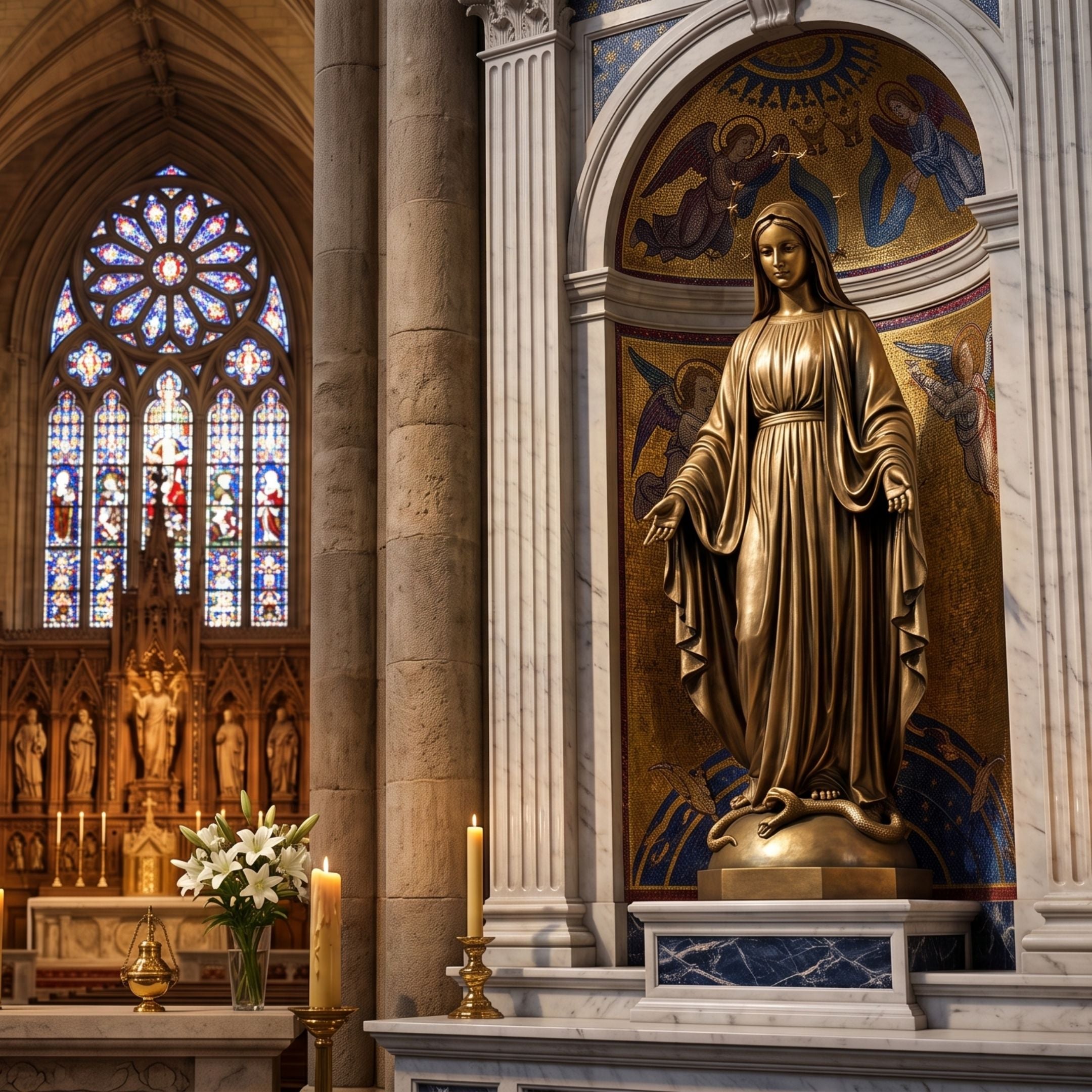 Life-Size Classical Virgin Mary Bronze Statue by Giant Sculptures displayed in a cathedral niche with gold mosaic, marble surround, candles, and stained glass beyond.