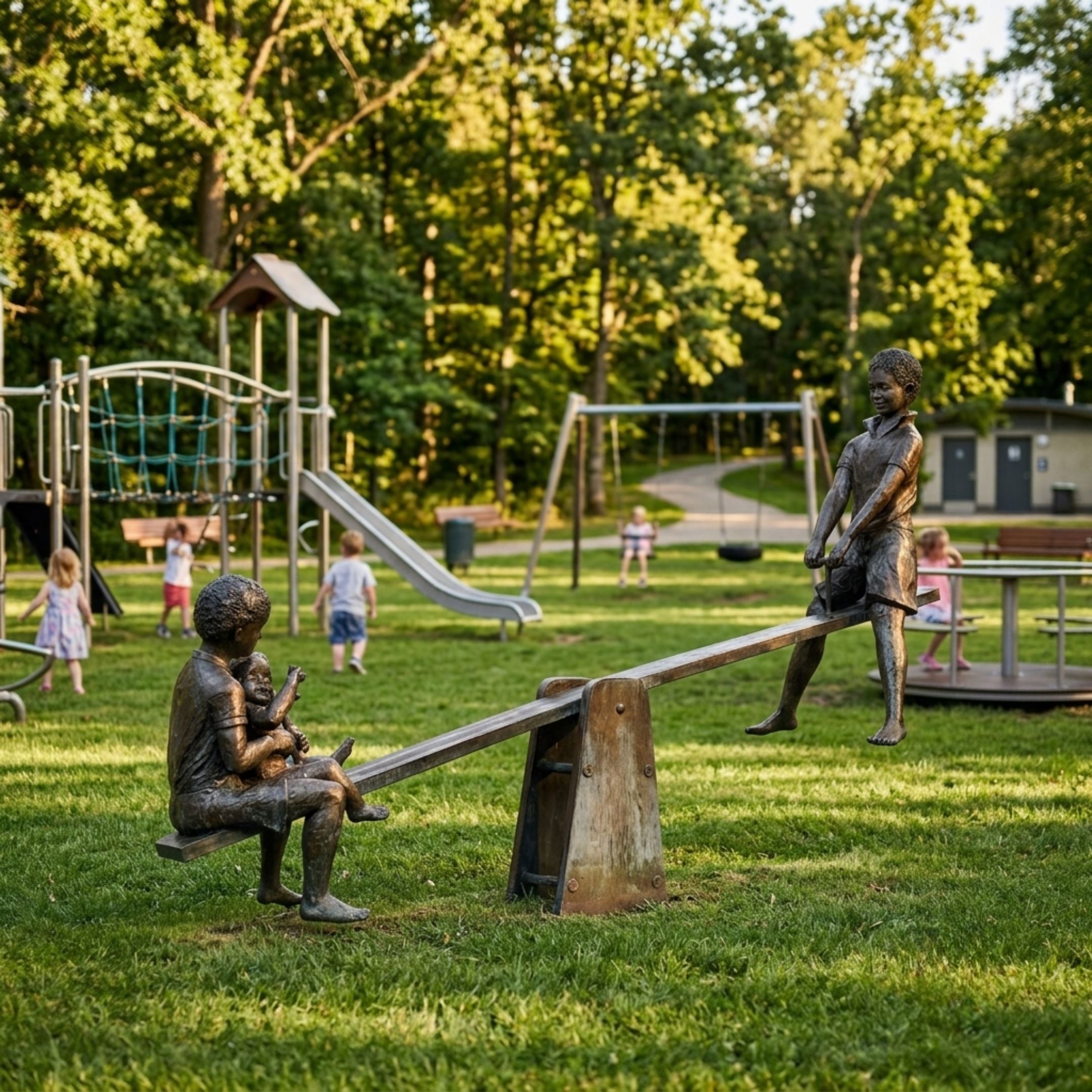 Life-Size Contemporary Children on Seesaw Bronze Sculpture by Giant Sculptures, dark patina finish, installed on a grassy playground with slide and swings.
