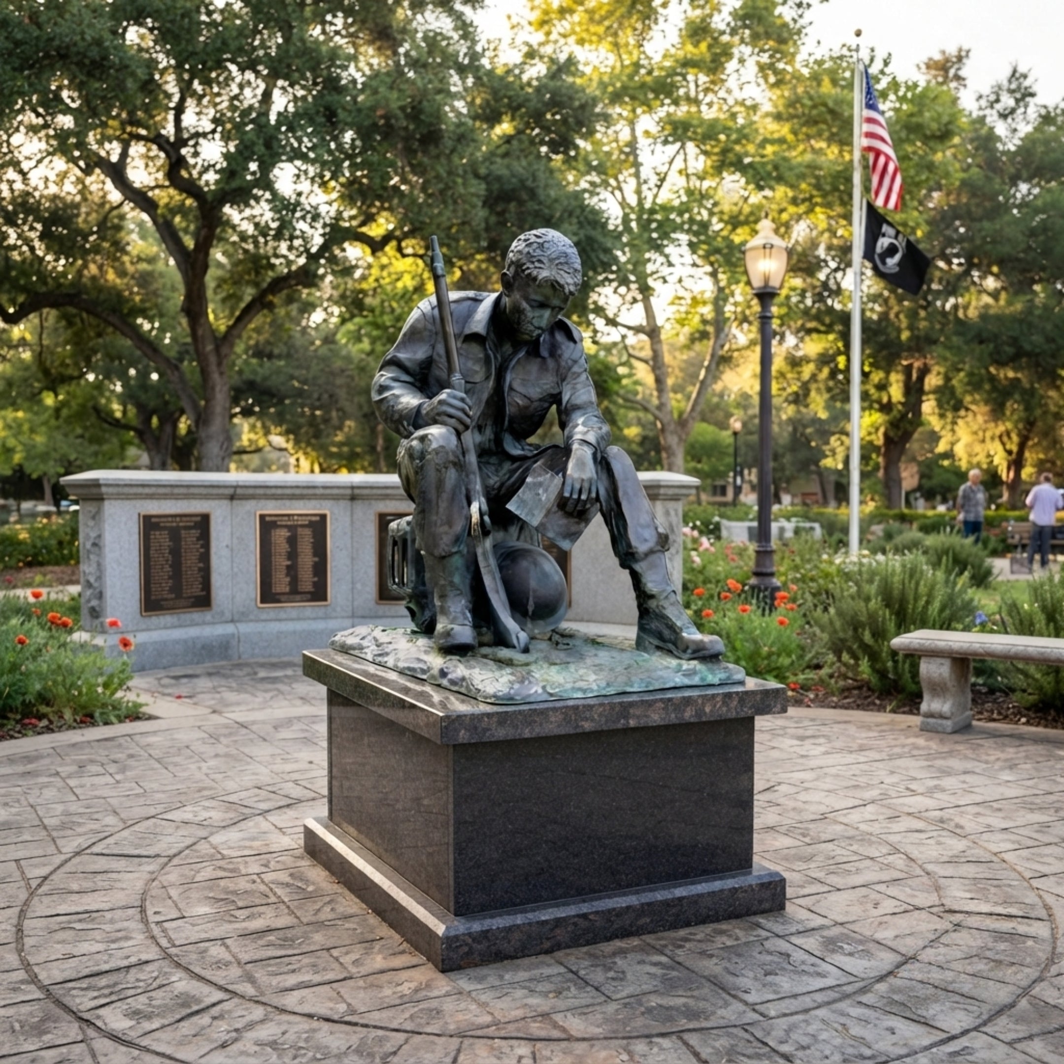 Life-Size Traditional Seated Soldier Bronze Sculpture by Giant Sculptures on a granite plinth in a memorial garden with American flag and plaques behind.