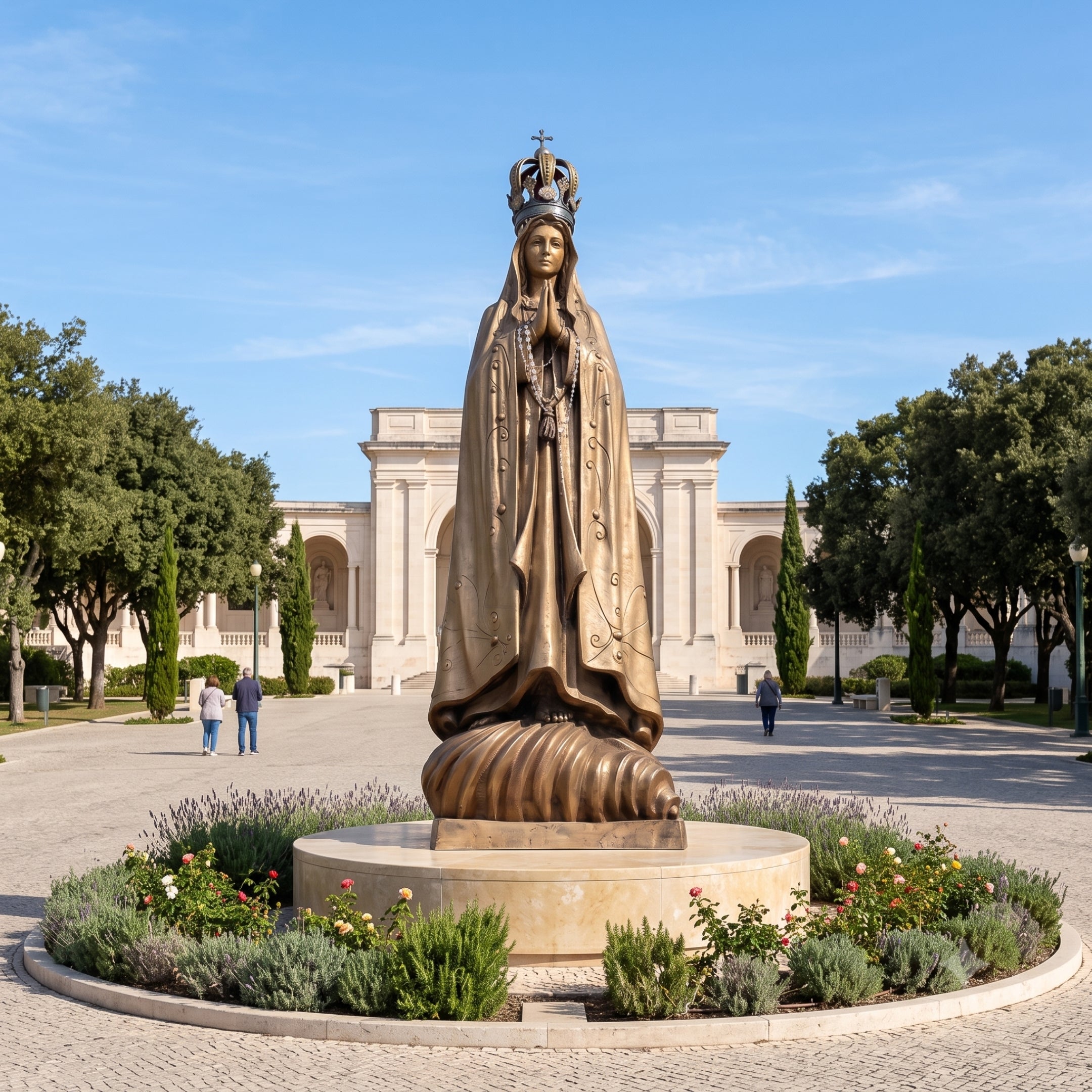 Monumental Classical Our Lady of Fatima Bronze Statue by Giant Sculptures, 400cm figure in prayer with crown on a cloud base, set in a plaza flowerbed.