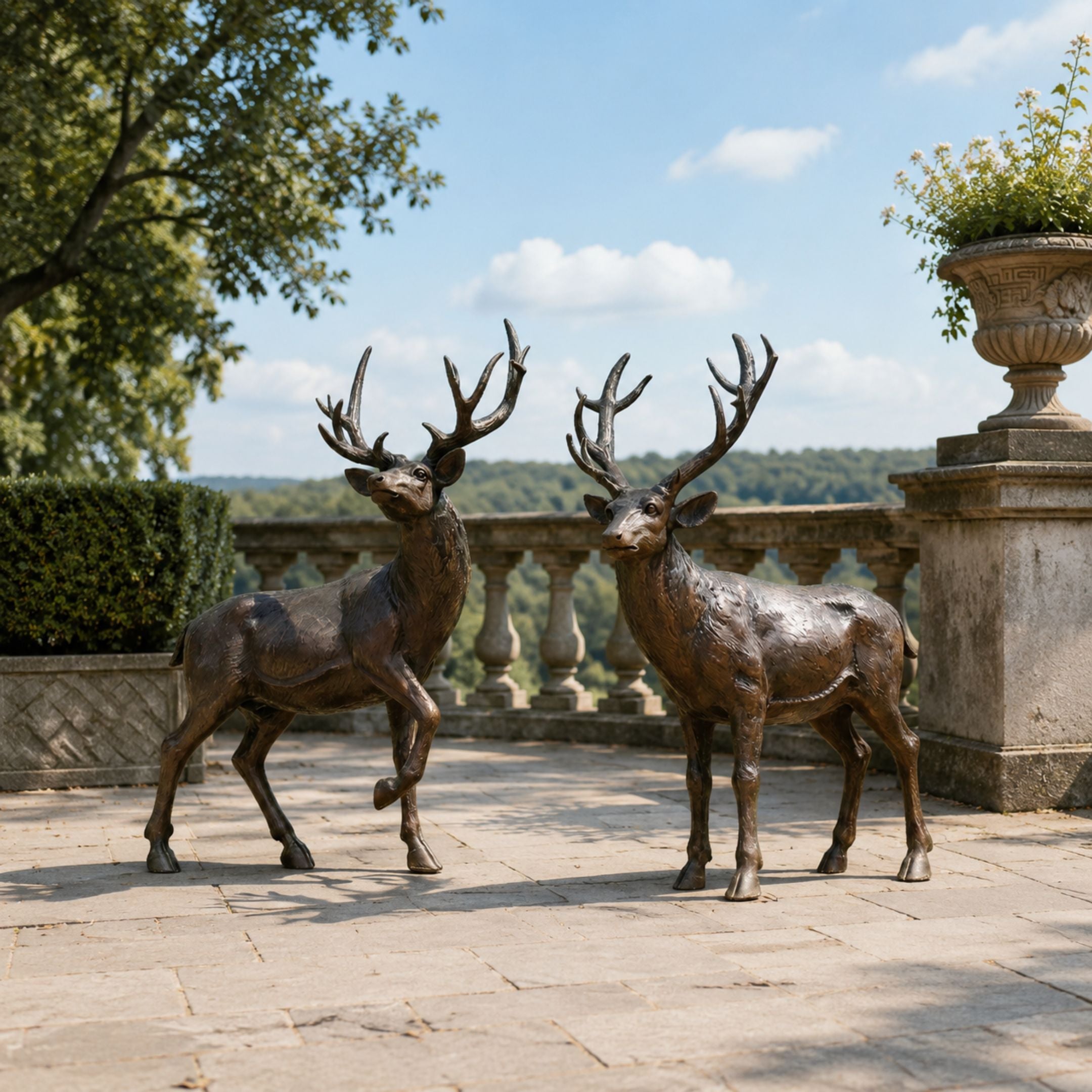 Life-Size Pair of Stags Bronze Sculpture by Giant Sculptures with dark brown patina, displayed on a stone terrace beside a balustrade overlooking a wooded landscape.