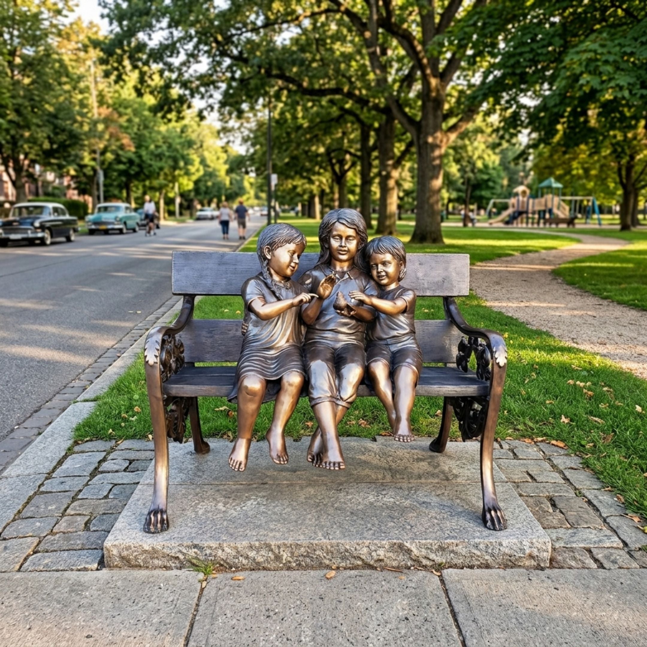 Large Traditional Children on Bench Bronze Sculpture by Giant Sculptures showing three barefoot children with a bird on an ornate bench in a tree-lined park.