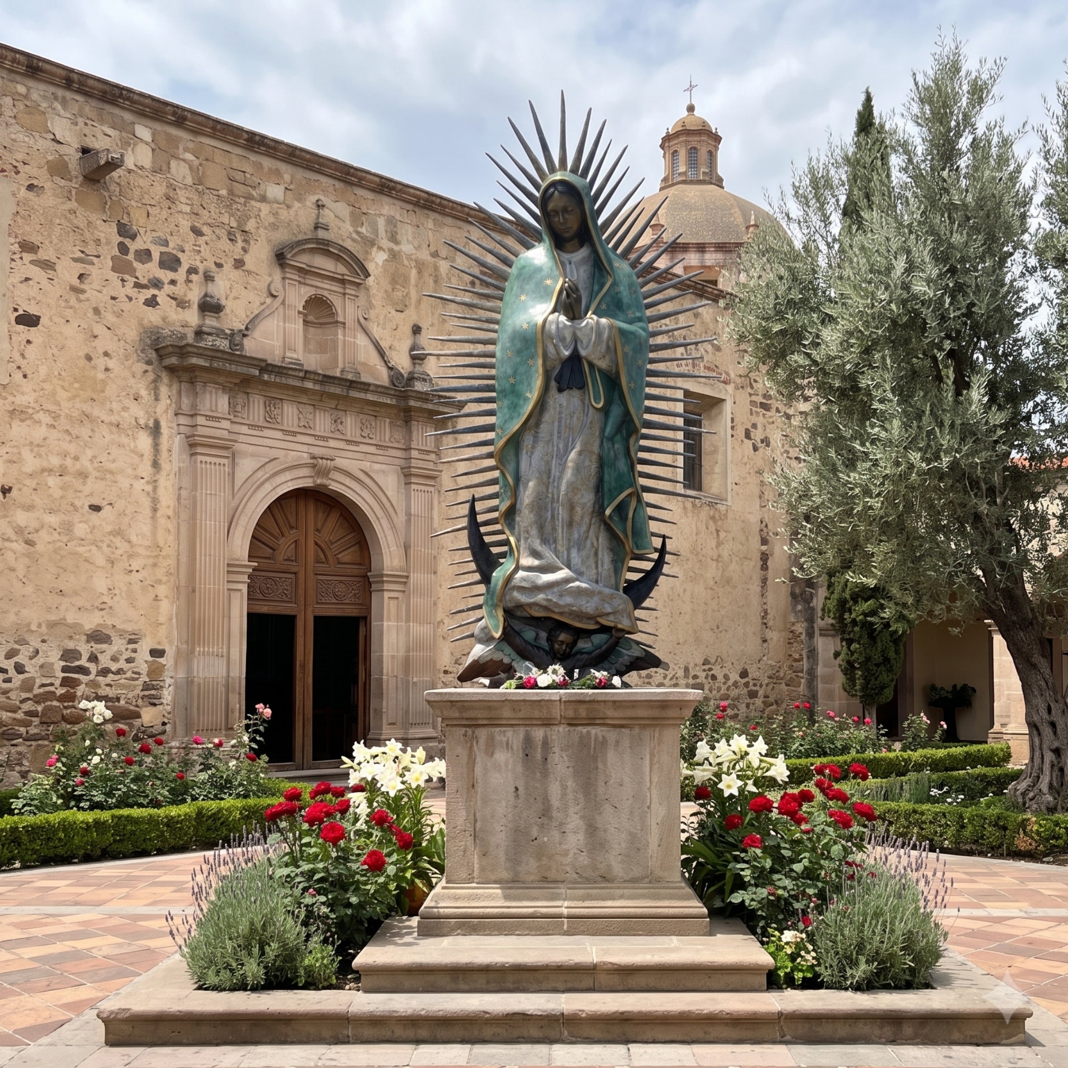 Giant Sculptures Monumental Our Lady of Guadalupe Bronze Statue in polychrome teal and cream with spike halo, on a stone pedestal in a rose-filled church courtyard.