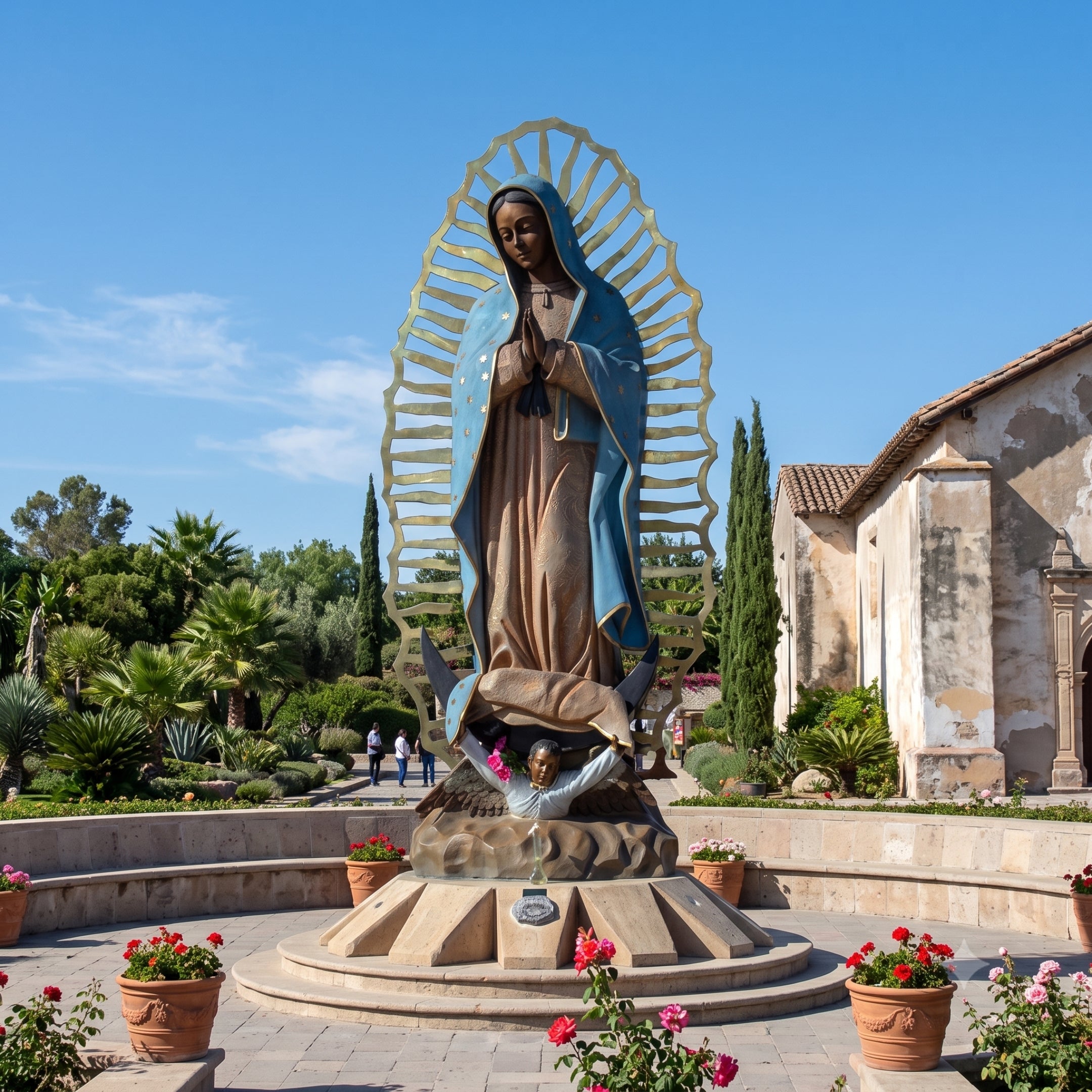 Monumental Traditional Our Lady of Guadalupe Bronze Statue 450cm by Giant Sculptures in polychrome finish with gold mandorla, displayed in a garden courtyard.
