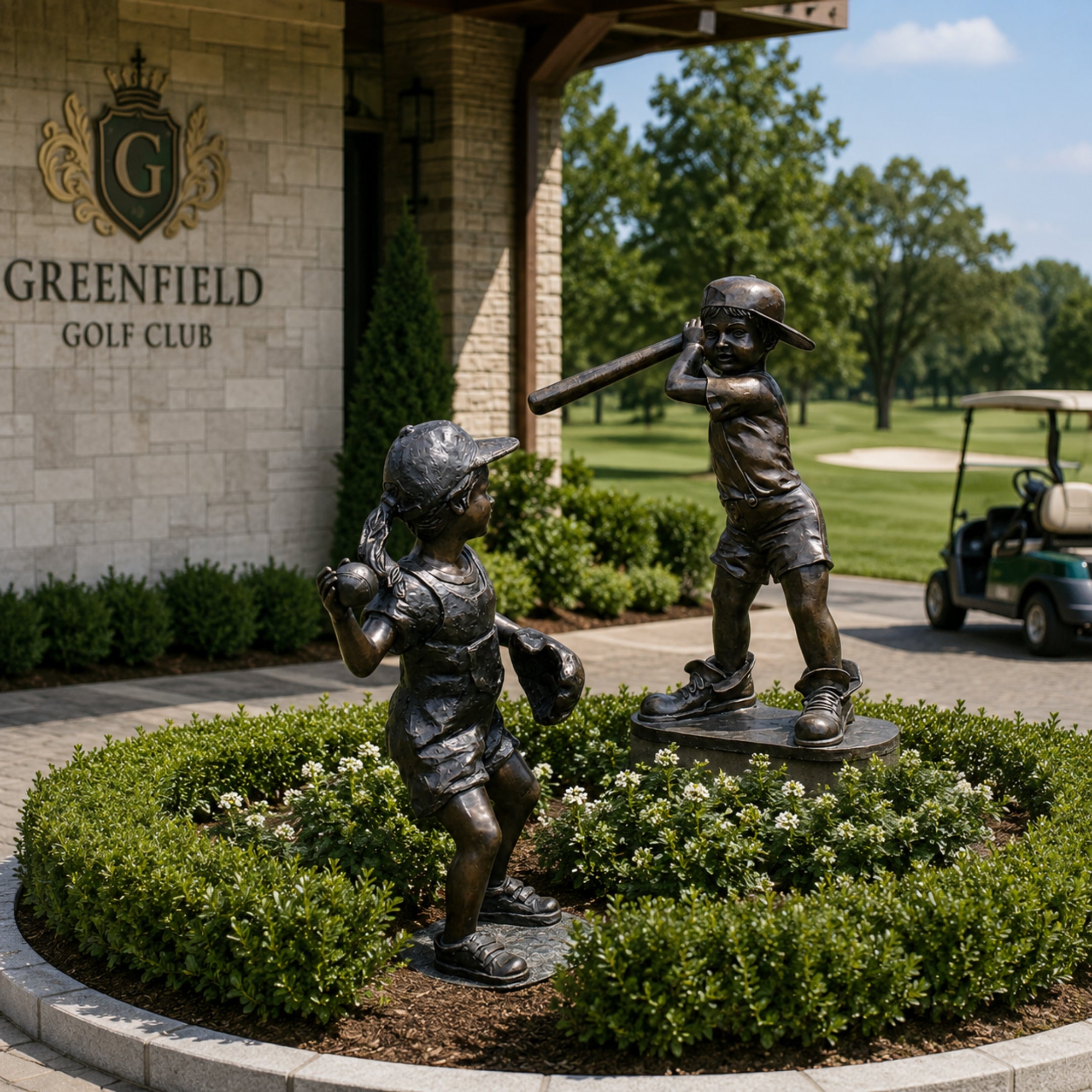Life-Size Children Baseball Players Bronze Sculpture Set by Giant Sculptures, showing a pitcher and batter in a hedged garden bed outside Greenfield Golf Club.