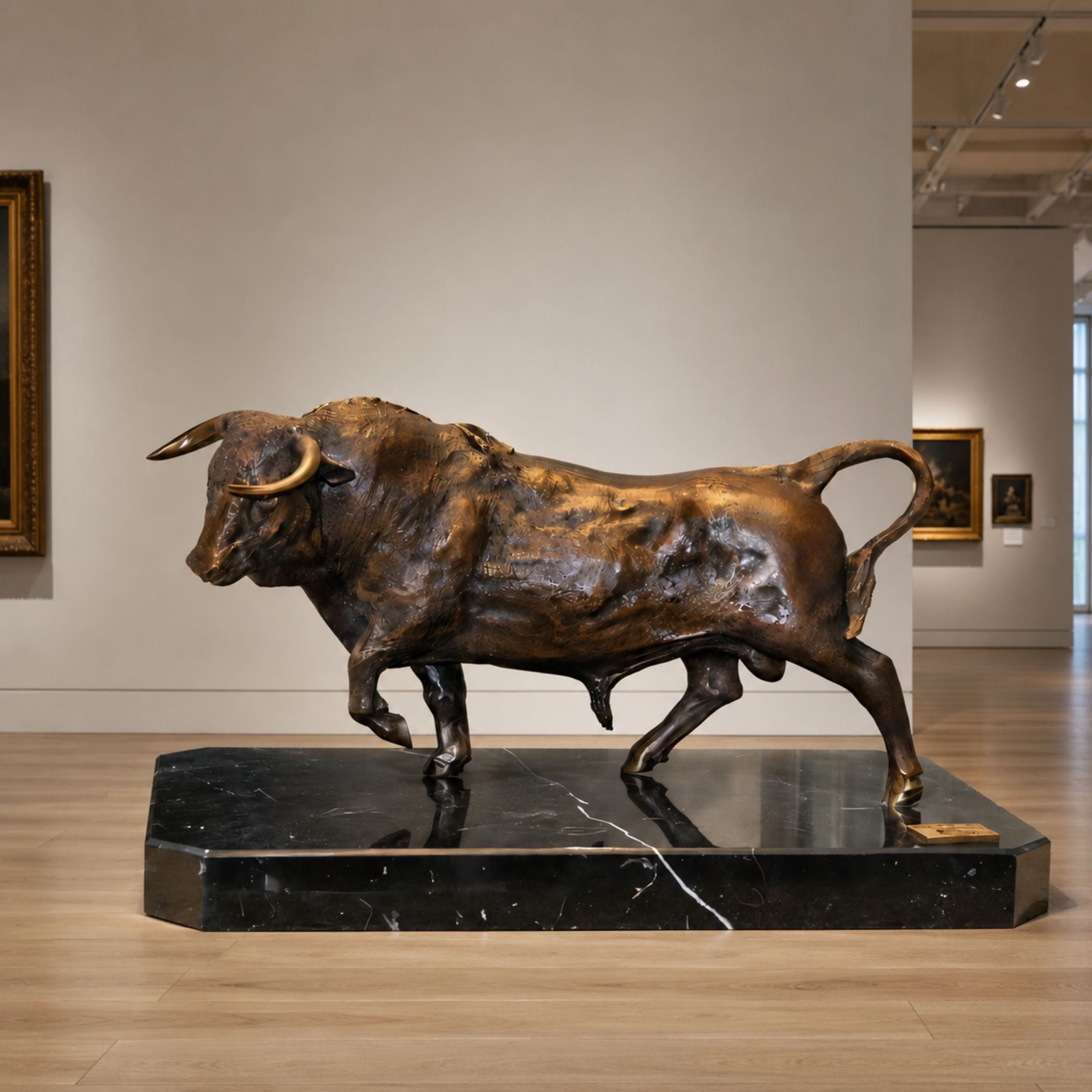 Large Traditional Striding Bull Bronze Sculpture (Marble Base) - 120cm