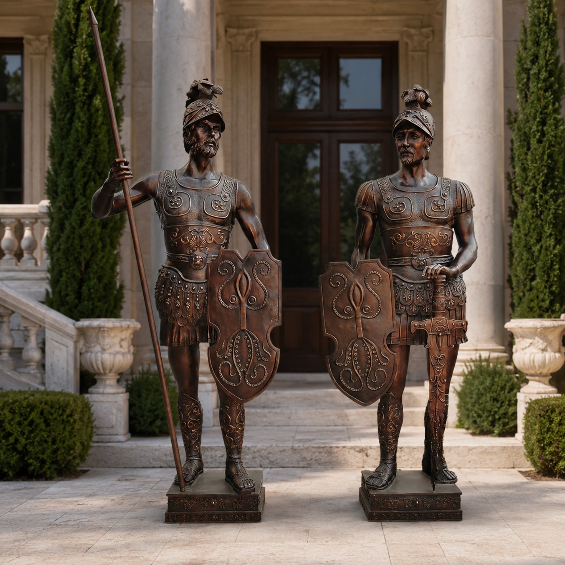 Life-Size Classical Roman Soldier Pair Bronze Sculpture by Giant Sculptures, 210cm warriors with shields and spear on plinths, flanking a columned entrance.
