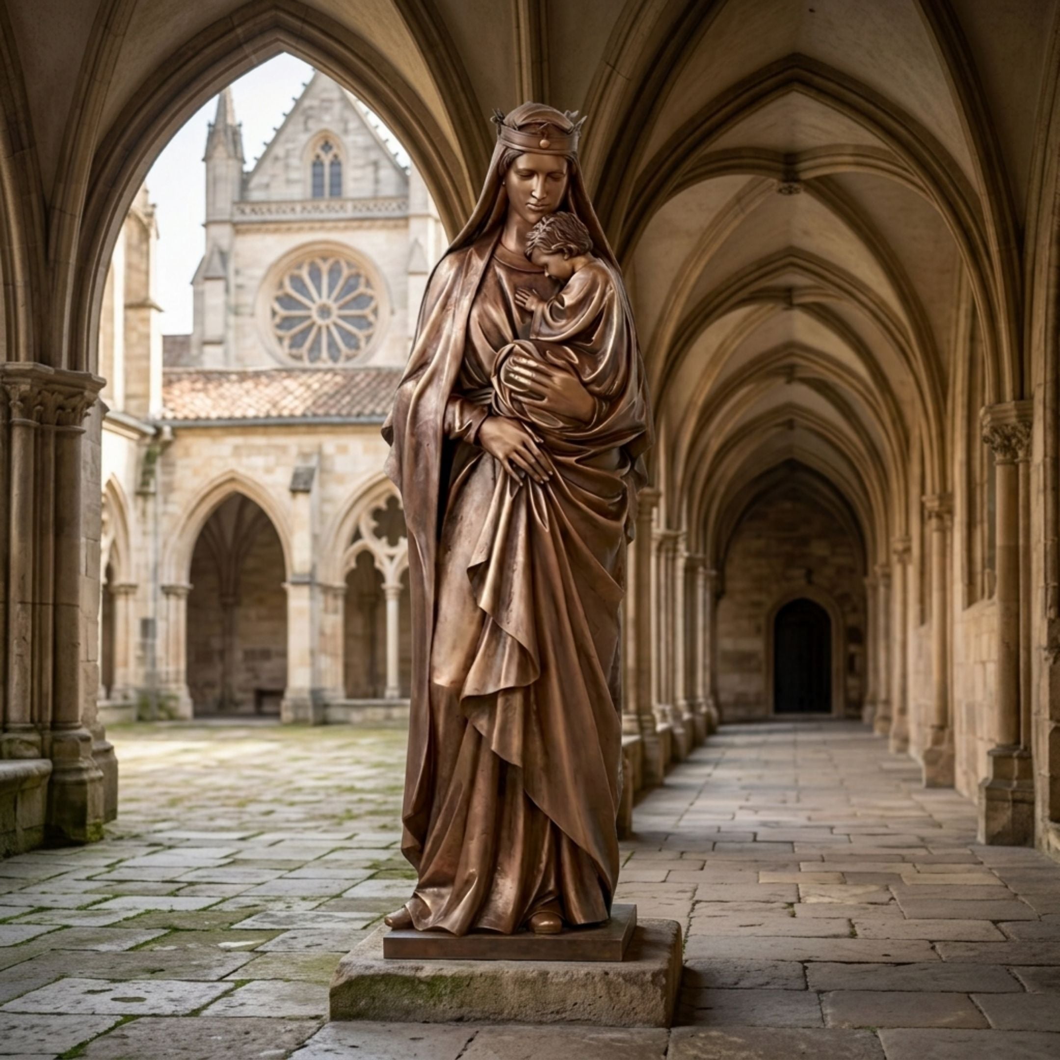 Monumental Classical Madonna and Child Bronze Sculpture, 350cm, crowned bronze figure cradling infant, displayed on stone base in a Gothic cloister archway.