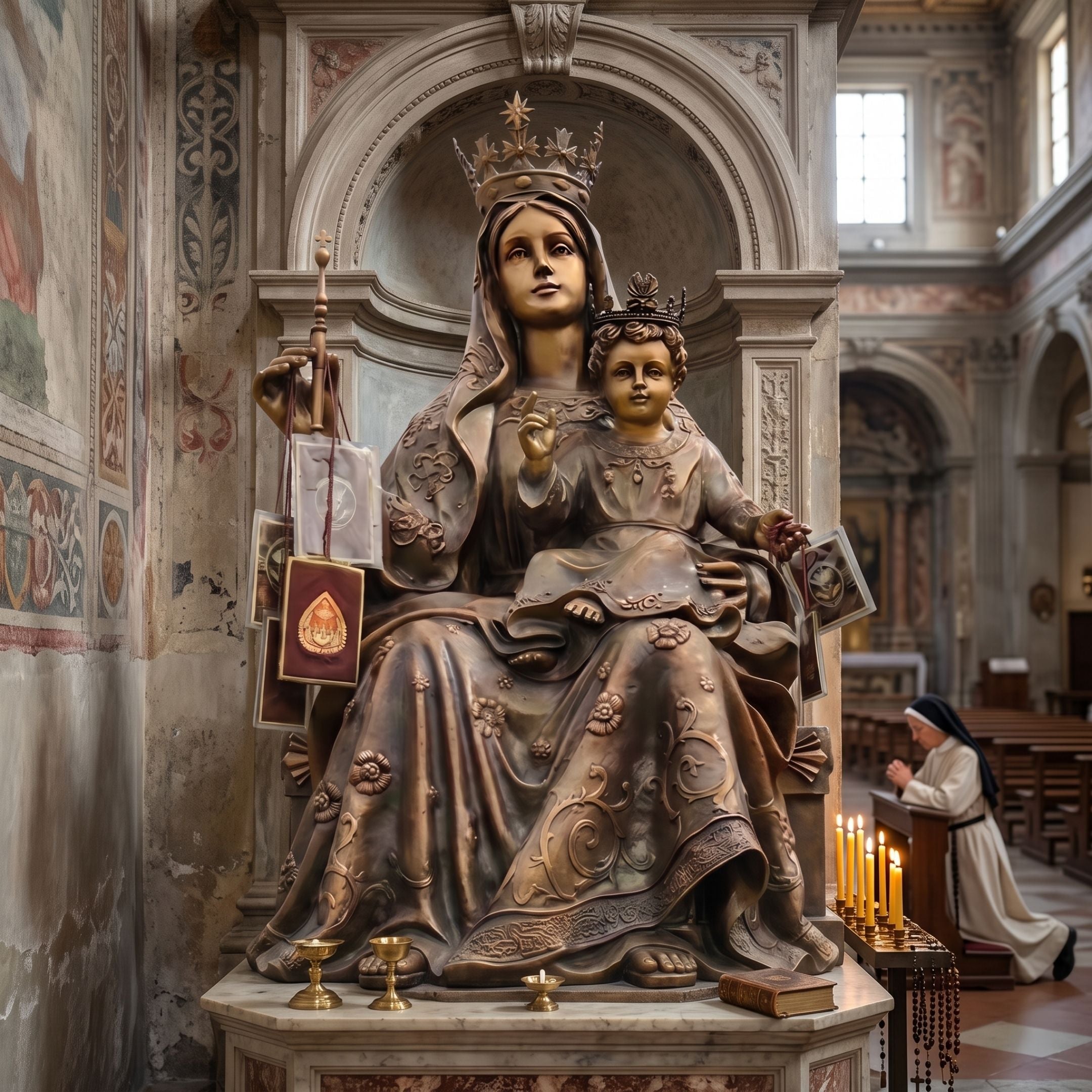 Monumental Classical Crowned Madonna and Child Bronze Statue, 220cm, Giant Sculptures, enthroned Virgin Mary holding a sceptre with Christ Child, displayed in a church setting with candles.