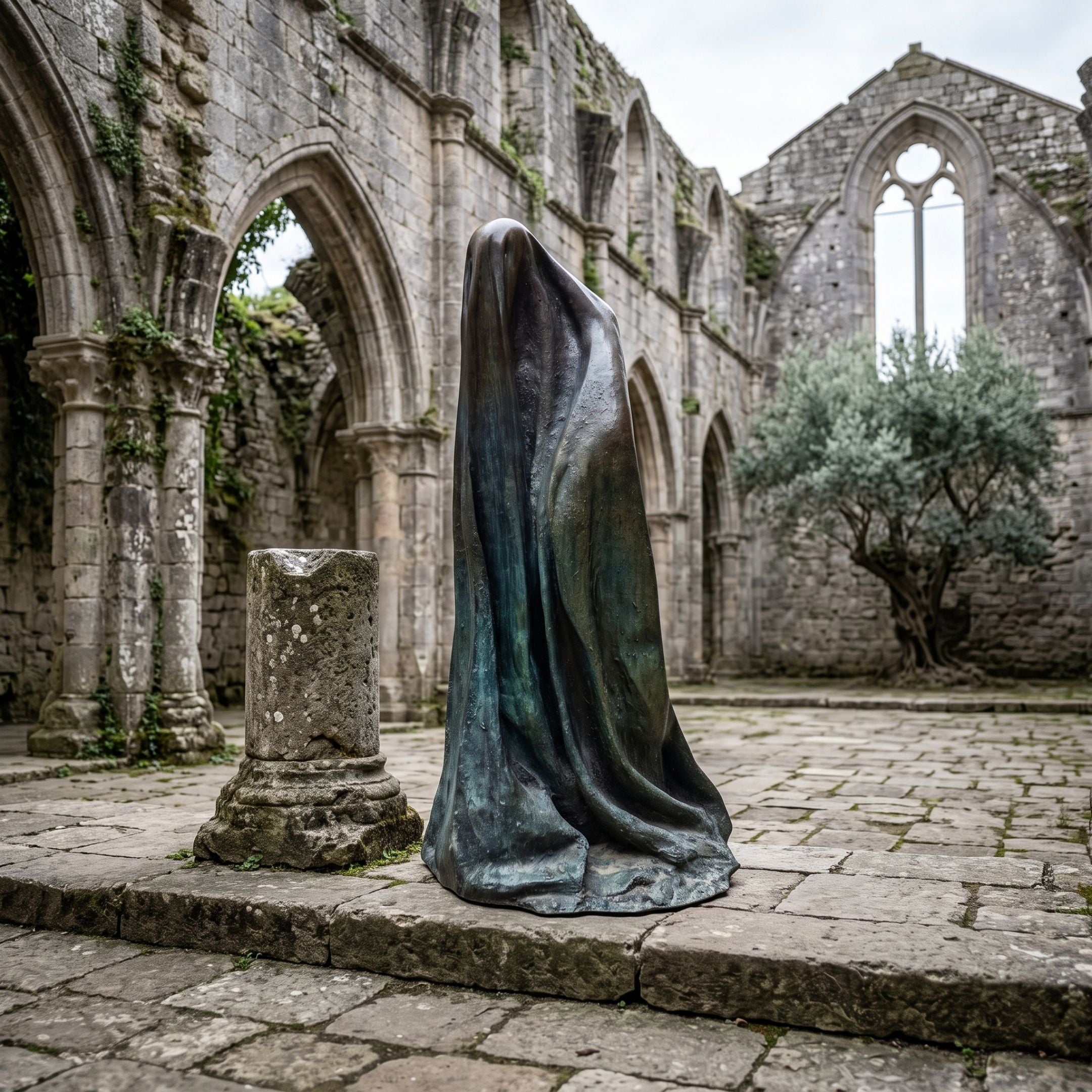 Large Contemporary Shrouded Figure Bronze Sculpture, 190cm, cast bronze with verdigris patina, standing draped form in a stone-arched abbey ruin courtyard.