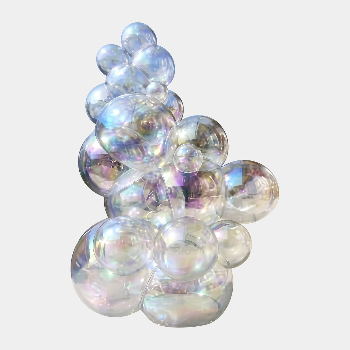 Clear Iridescent Sphere Cluster Glass Sculpture - 80cm, a tapering column of clustered glass spheres with pale blue and amber iridescence, shown on a plain white background.