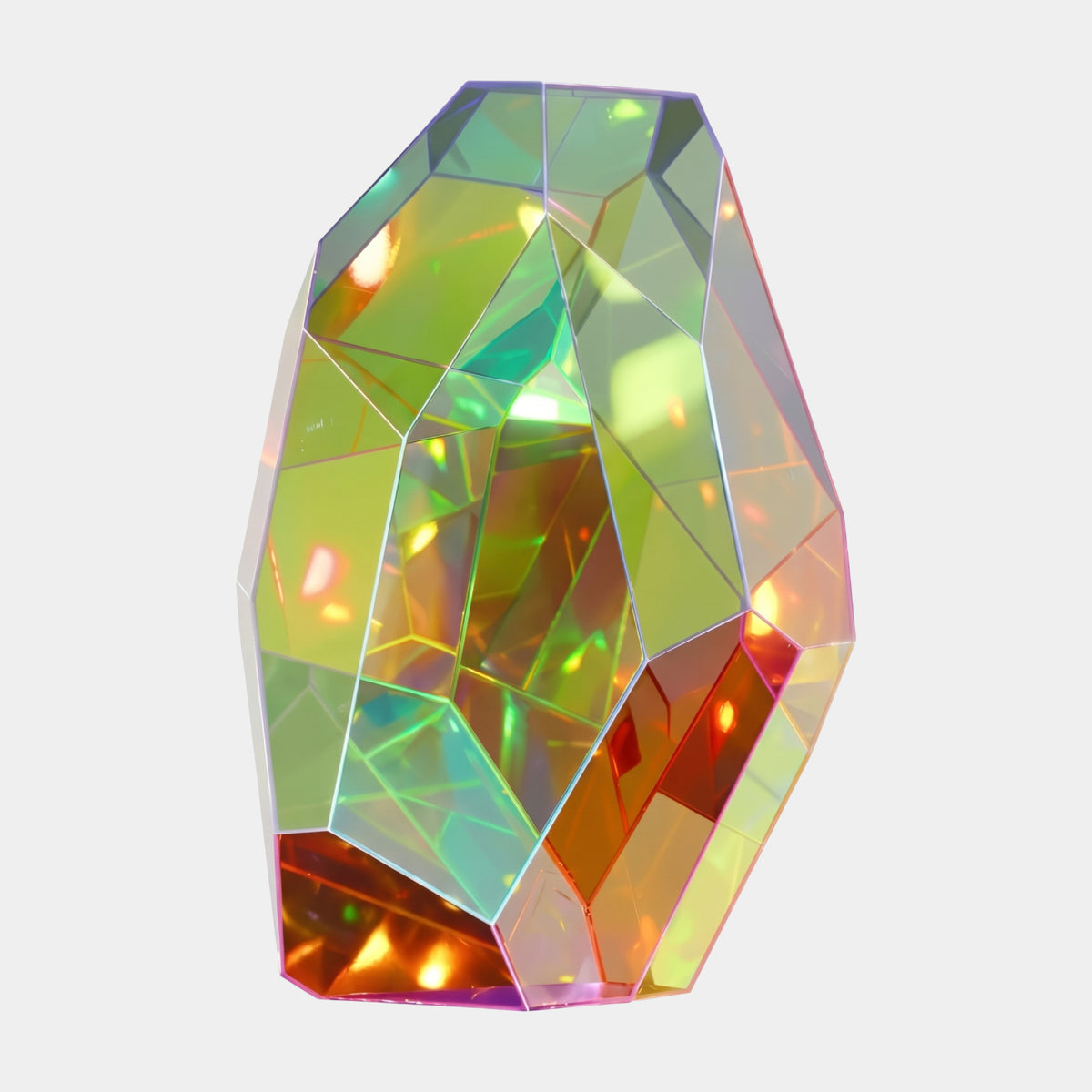 Amber & Green Micro-Faceted Gem Acrylic Sculpture, 40cm, multi-planed form with green-yellow upper facets and amber-orange lower facets, shown on a plain white background.