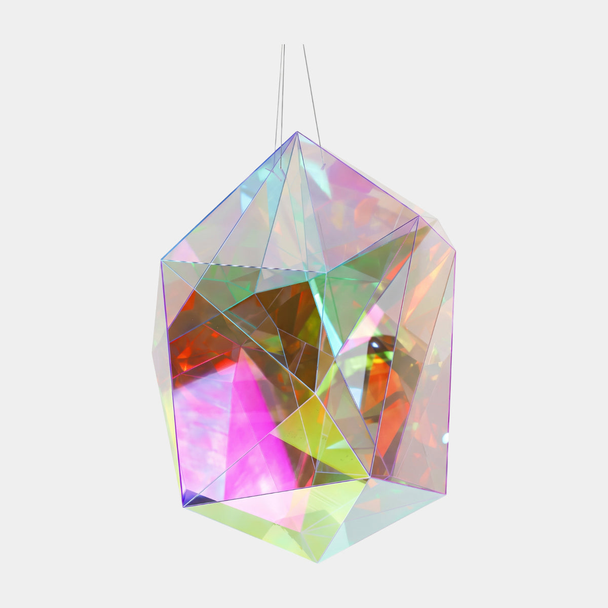 Clear Iridescent Faceted Hanging Gem Acrylic Sculpture, 80cm, suspended by wires, showing pink, amber, and green dichroic reflections against a plain white background.