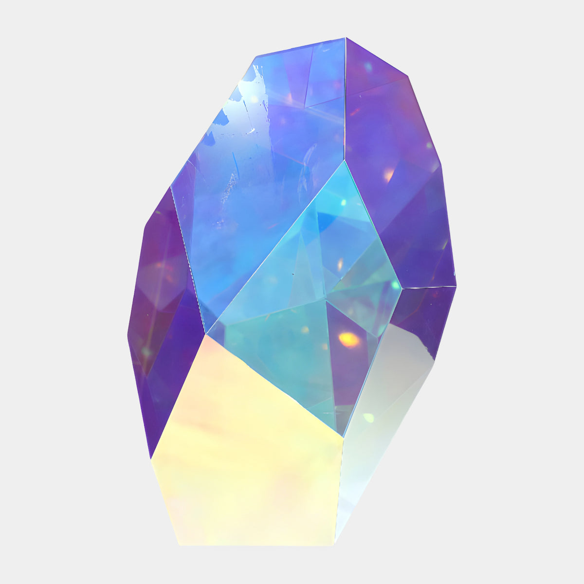 Pale Blue & Gold Pastel Faceted Gem Acrylic sculpture, 78cm, multifaceted upright form in pale blue, aqua, gold, and violet tones, shown on a plain white background.