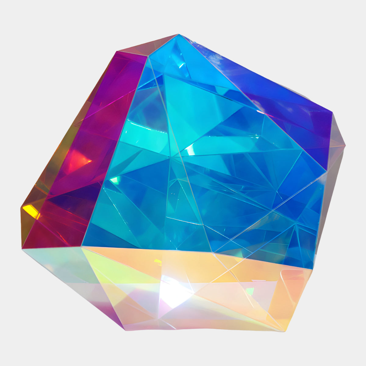 Cyan & Magenta Leaning Gem Acrylic Sculpture - 42cm, faceted form in cyan, magenta, deep blue, and pale gold tones, shown against a plain white background.