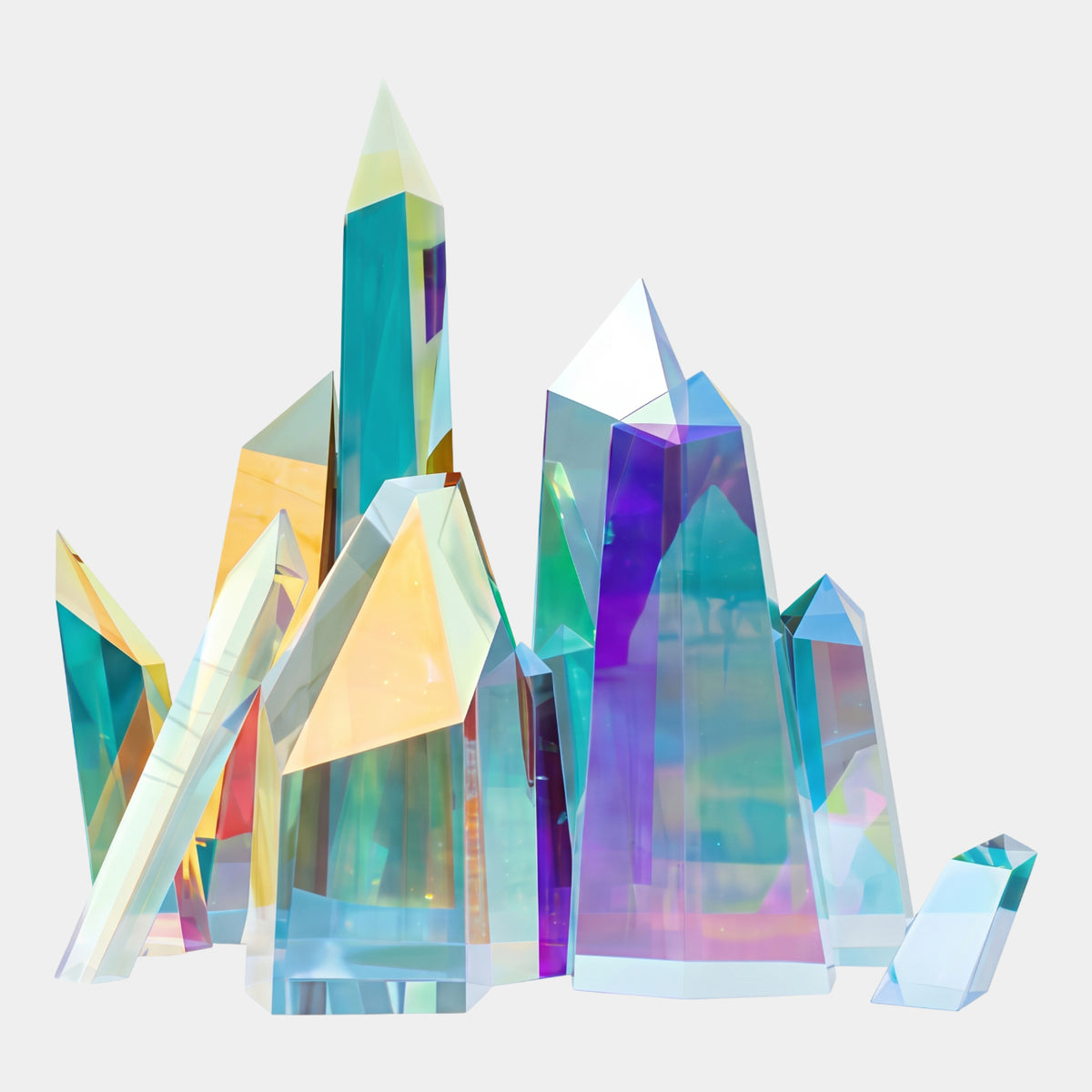 Multi-Colour Dichroic Faceted Spire Acrylic Sculpture, a cluster of pointed prism spires in teal, purple, gold and pink tones, shown on a plain white background.