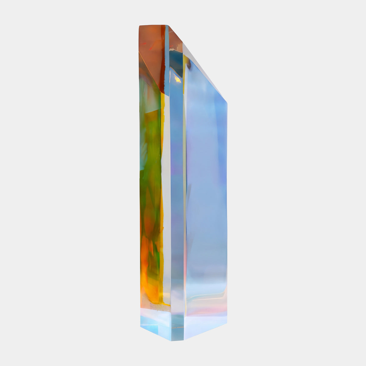Multi-Colour Slant-Cut Prism Acrylic Sculpture - 157cm, a tall dichroic acrylic column with a slanted top in lavender-blue, amber, and green tones, shown on a plain white background.