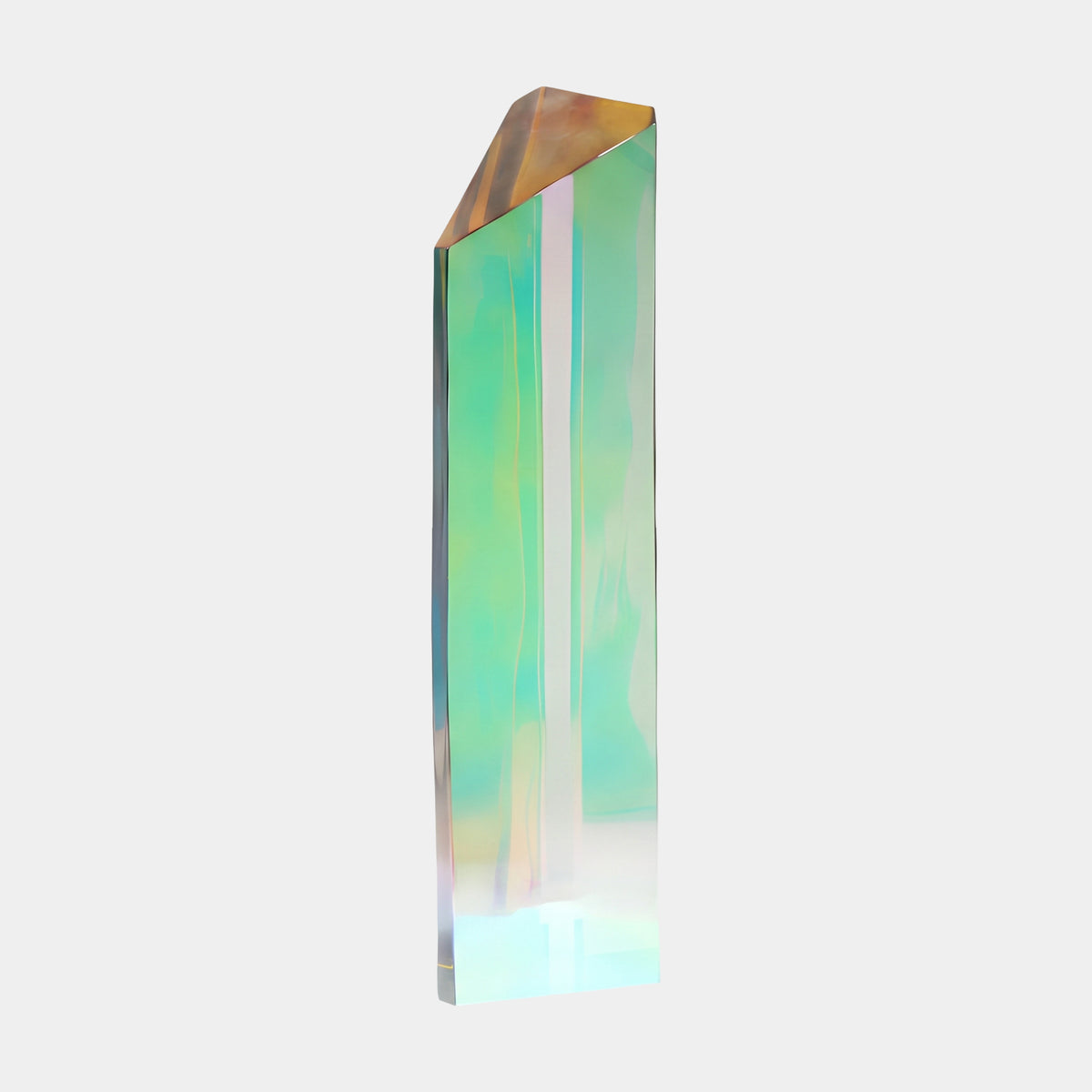 Green Dichroic Slant-Cut Prism Acrylic Sculpture, 147cm, slim rectangular form with diagonal sliced top, aqua-green and amber hues, shown against a plain light background.