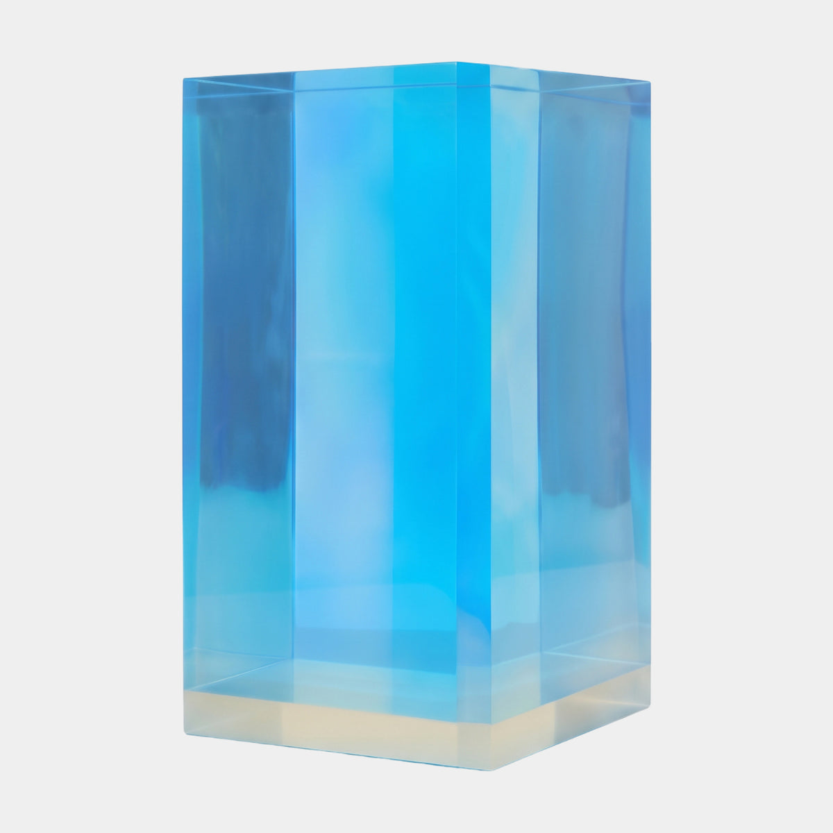 Blue Translucent Rectangular Acrylic Box Sculpture - 60cm by Giant Sculptures, a tall square-plan acrylic box in translucent blue tones, shown against a plain light grey background.
