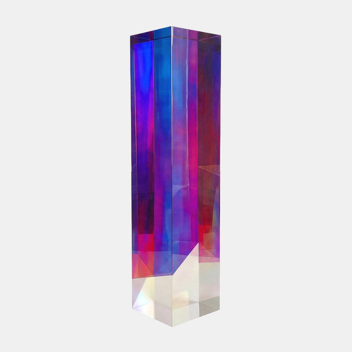 Giant Sculptures Multi-Colour Iridescent Slender Column Acrylic Display Plinth, 120cm, blue and violet fading to magenta and red with a clear base, shown on a plain white background.