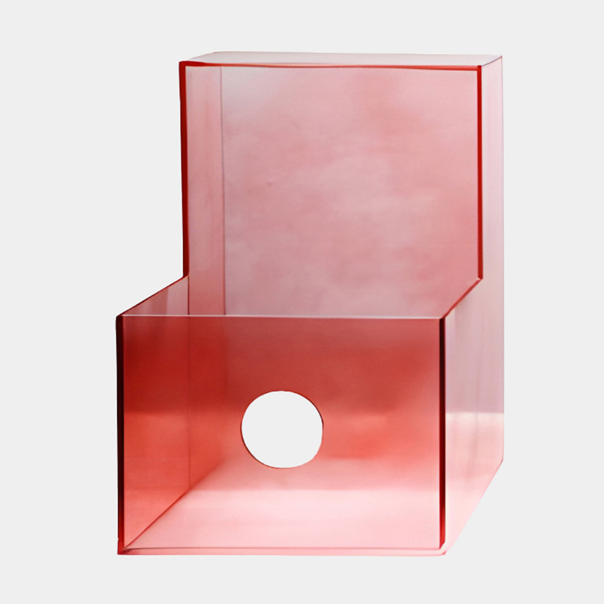 Red Frosted Open Box Acrylic Display Stand, 60cm, with tall back panel and round window cutout, red fading to pink, on a plain white background.