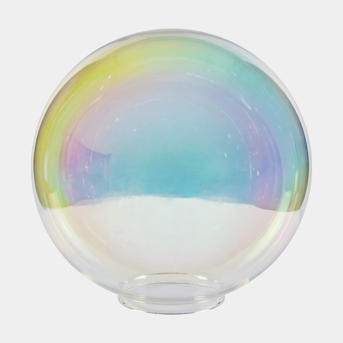 Clear Iridescent Hollow Sphere Acrylic Sculpture, 10–60cm, resting on its short clear neck against a plain white background, rainbow sheen visible across its surface.