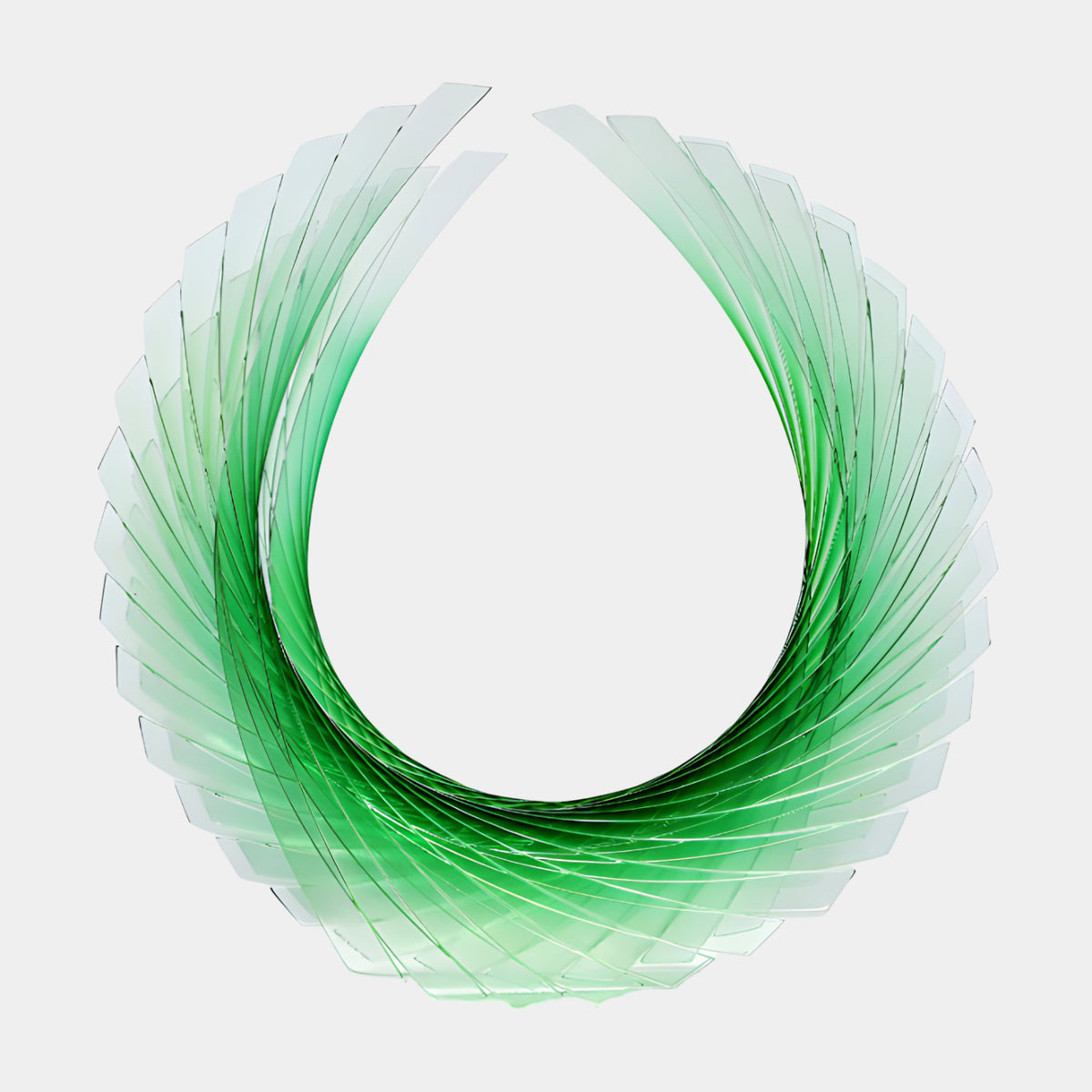 Green Twisted Plate Ring Acrylic Sculpture, 48cm, radial acrylic plates twisting into a teardrop-shaped ring, green to clear gradient, on a plain white background.