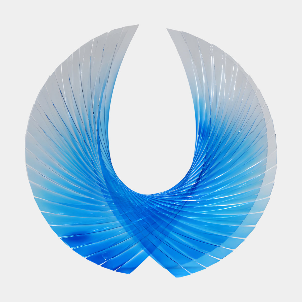 Blue Crossed Plate Wing Acrylic Sculpture, 64cm, with radial plates forming two open wing-like lobes in blue-to-white tones, shown on a plain light background.