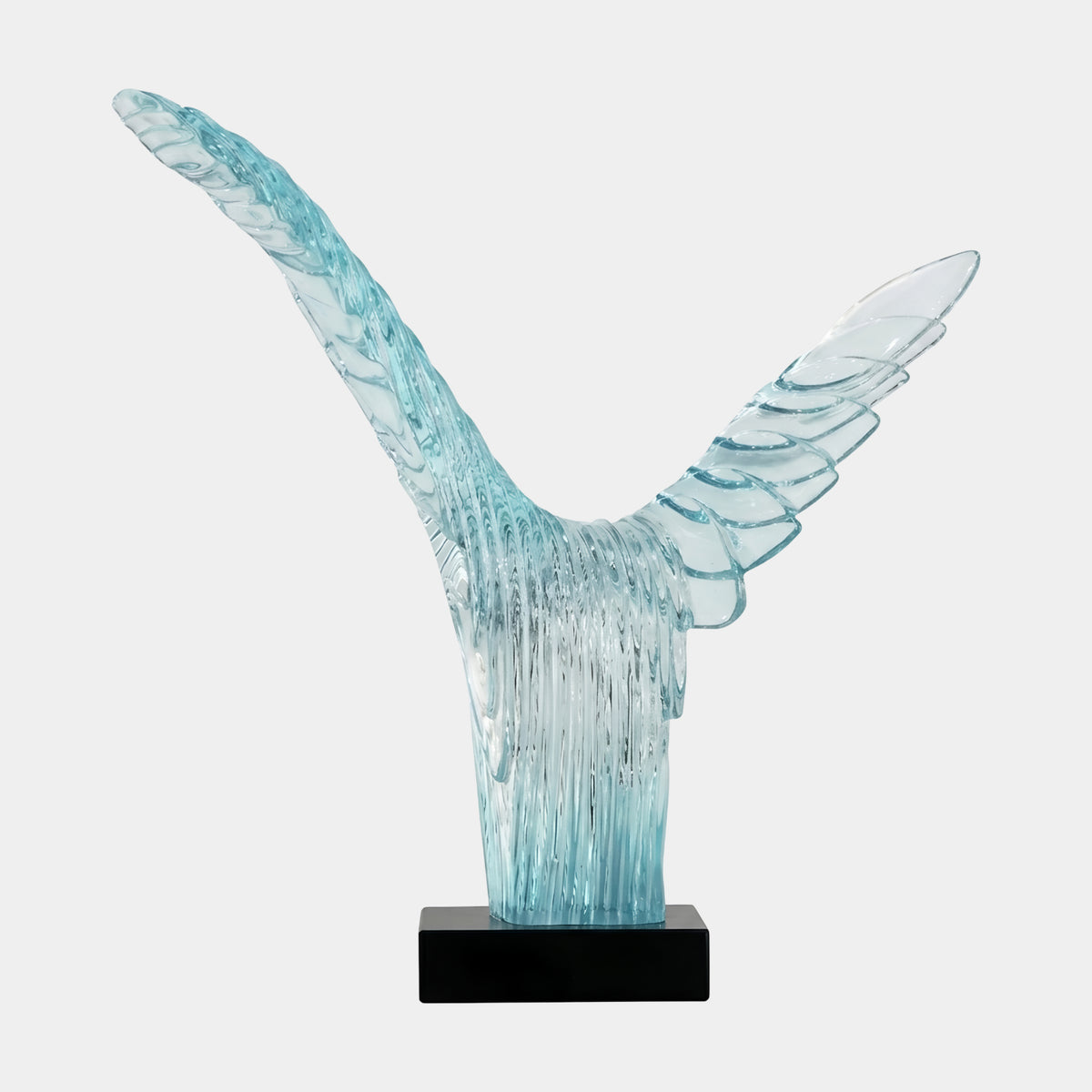 Turquoise Twin Prong Ribbed Resin Sculpture, 83cm, wing-like ribbed prongs forking from a fluted base on a black marble stand, white background.