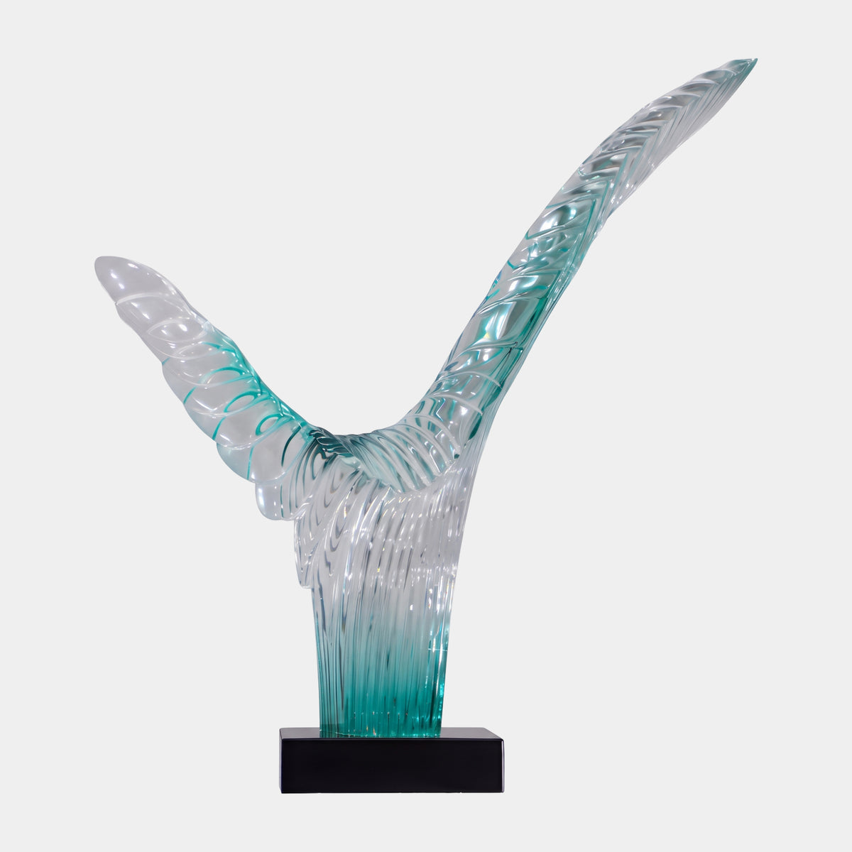 Turquoise Twin Prong Ribbed Resin Sculpture, 83cm, with ridged prongs forking from a fluted base on a black marble stand, set against a plain white background.